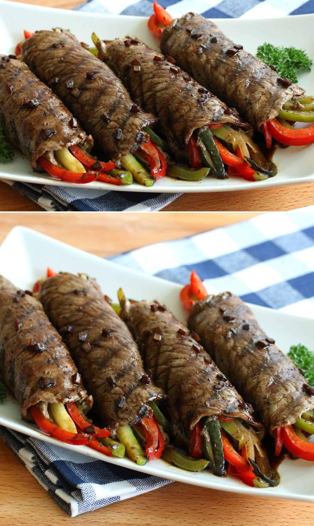 Two images of beef rolls stuffed with colorful bell peppers and zucchini, served on a white plate with a garnish of parsley, over a blue and white checkered tablecloth. Ideal for easy dinner