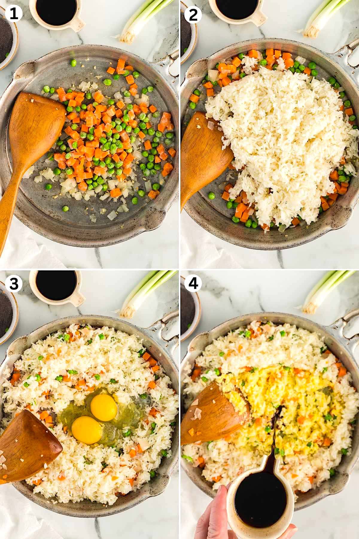 A four-step cooking sequence: 1) chopped vegetables in a pan, 2) adding rice to the vegetables, 3) rice mixed with vegetables and cracking an egg, 4) pouring