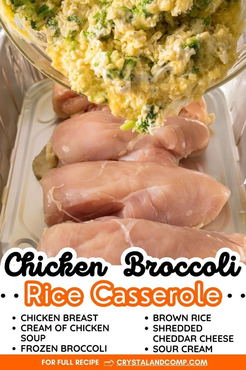 Image of raw chicken breasts next to an ingredients list for an easy dinner idea: chicken broccoli rice casserole, featuring cream of chicken soup, brown rice, cheddar cheese, frozen broccoli, and