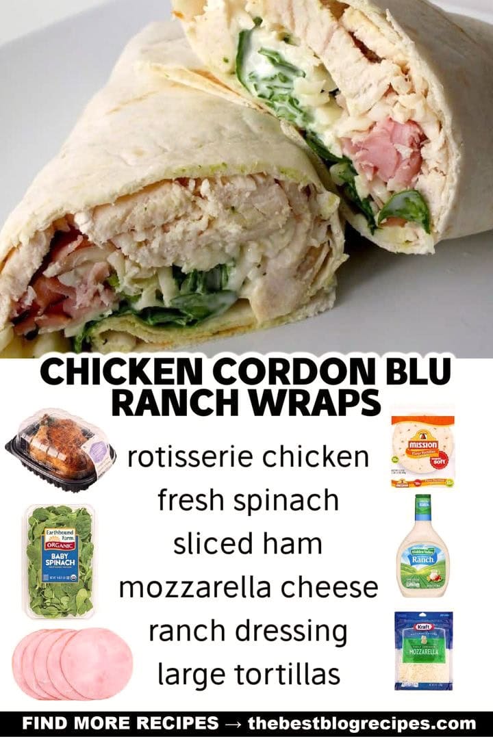 An image featuring chicken cordon bleu ranch wraps, with ingredients displayed: cooked chicken, fresh spinach, sliced cheese, ranch dressing, and sliced ham. The text promotes easy dinner ideas for busy families