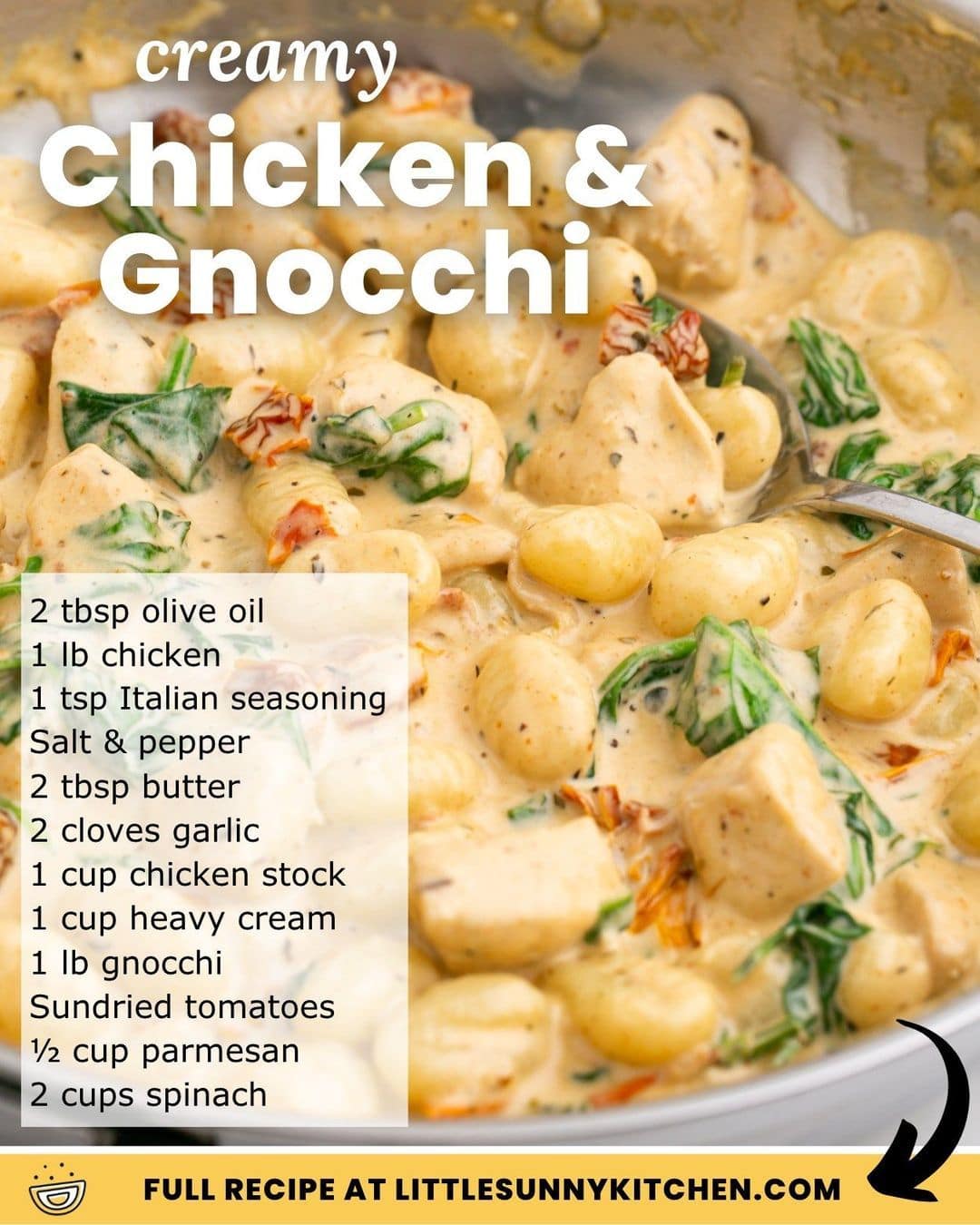 An appetizing dish of creamy chicken and gnocchi, ideal for busy families, is shown with ingredients listed beside it and the URL for the full recipe at the bottom. The gnocchi is