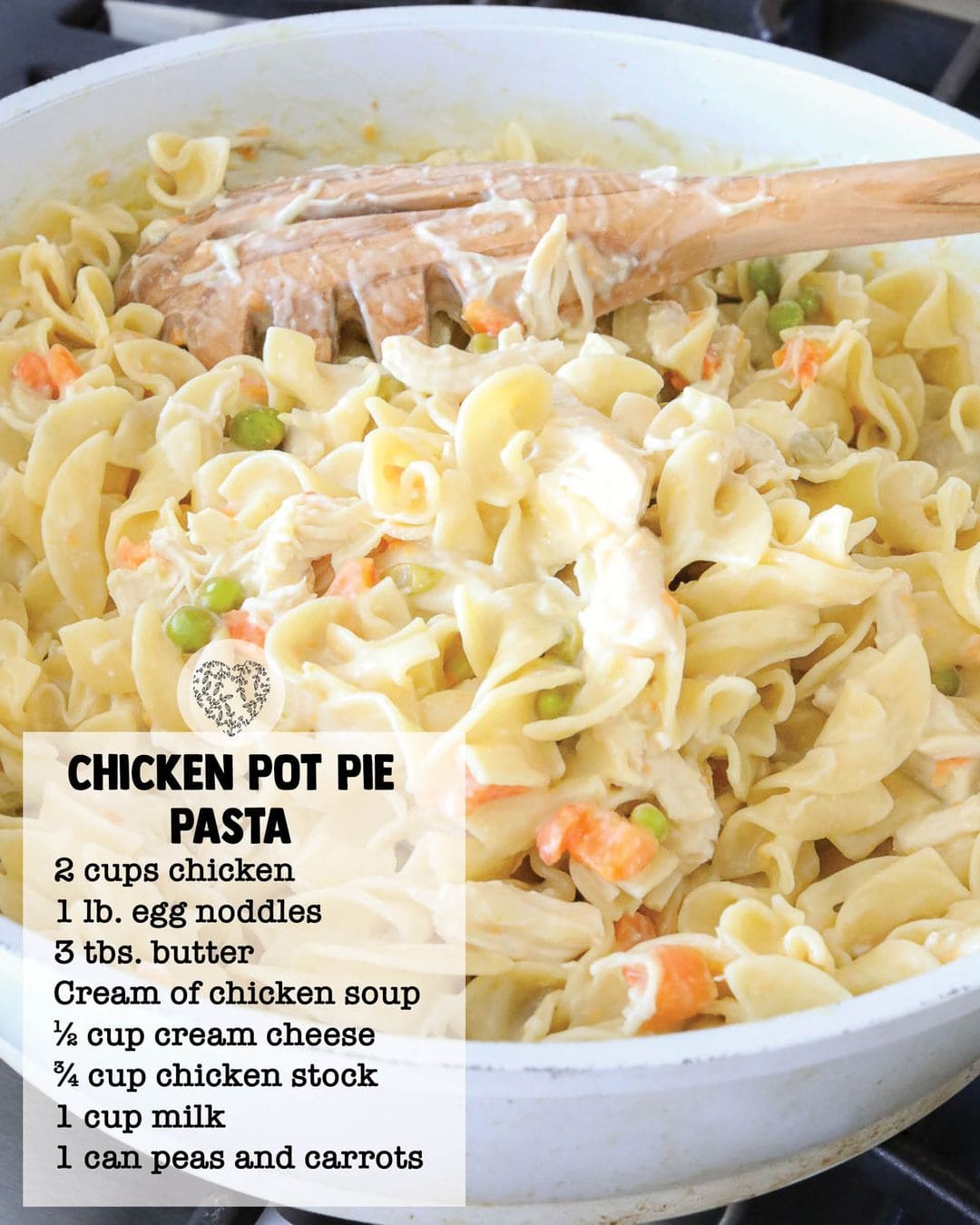A pot of creamy chicken pot pie pasta with a wooden spoon, featuring cooked noodles, chunks of chicken, peas, and carrots. Ideal for busy families, the recipe list overlays the image in a casual