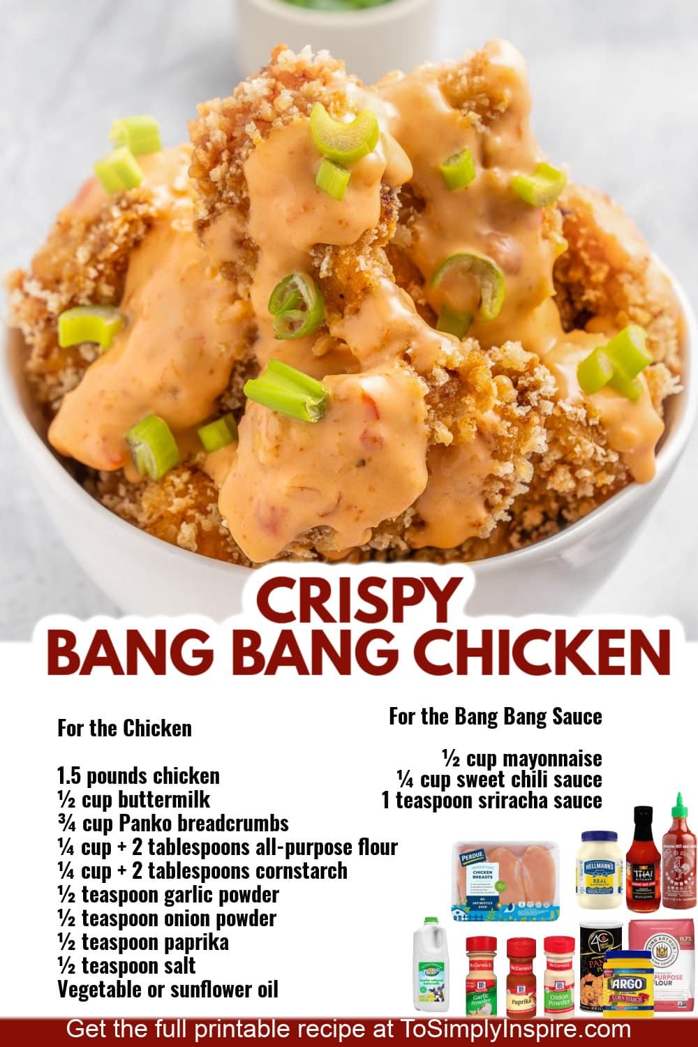 An image of crispy bang bang chicken topped with green onions and sauce, perfect for easy dinner ideas. Ingredients and recipe instructions are listed, with product logos at the bottom. Link to full recipe
