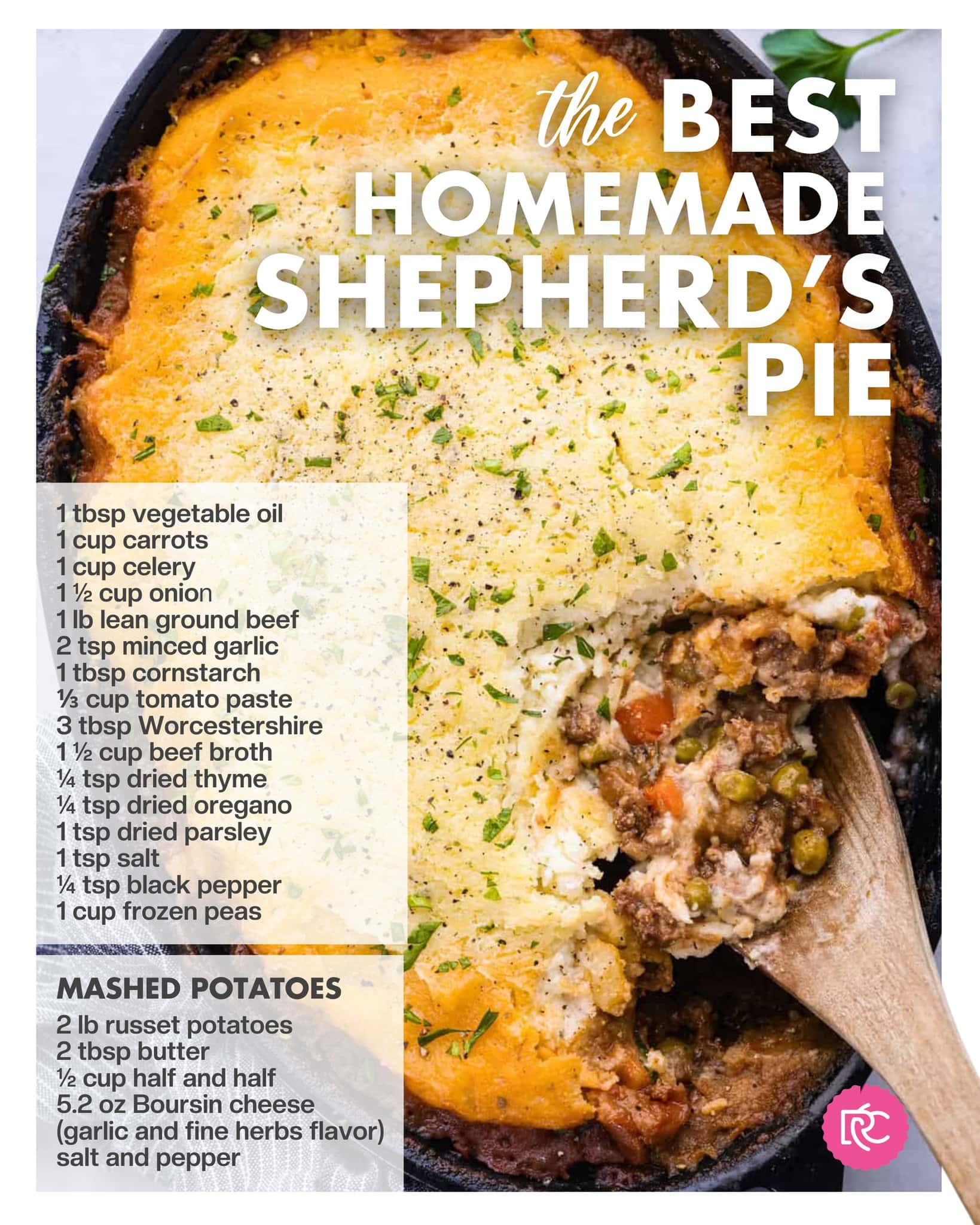 Image of a homemade shepherd's pie in a baking dish, with a section text overlay listing ingredients including meat, vegetables, and mashed potatoes, topped with cheese and herbs. Ideal for busy families looking for