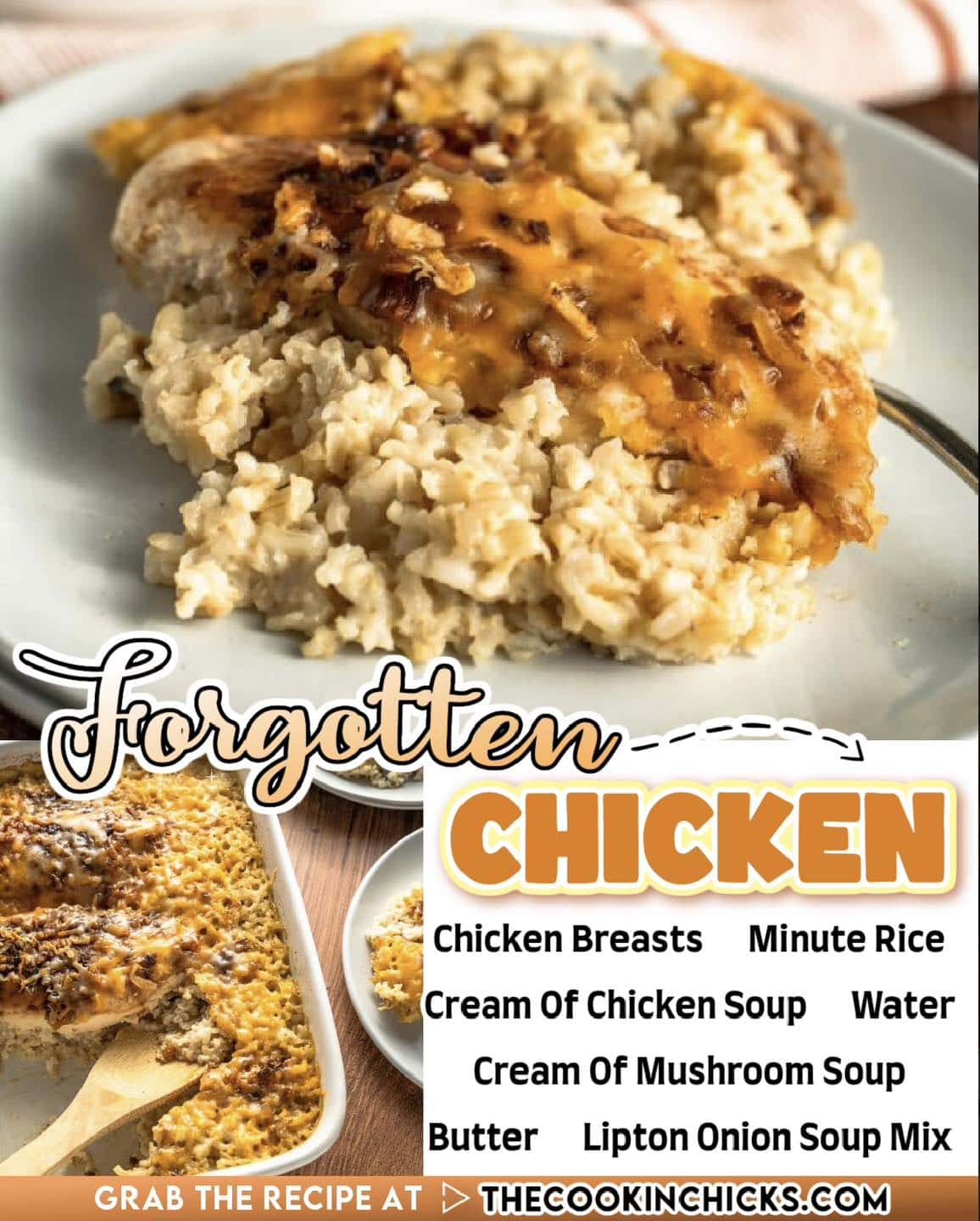 An image featuring the forgotten chicken recipe, ideal for busy families, showcasing a serving of golden-baked chicken over a bed of rice, with ingredients listed including chicken breasts, rice, soup, and