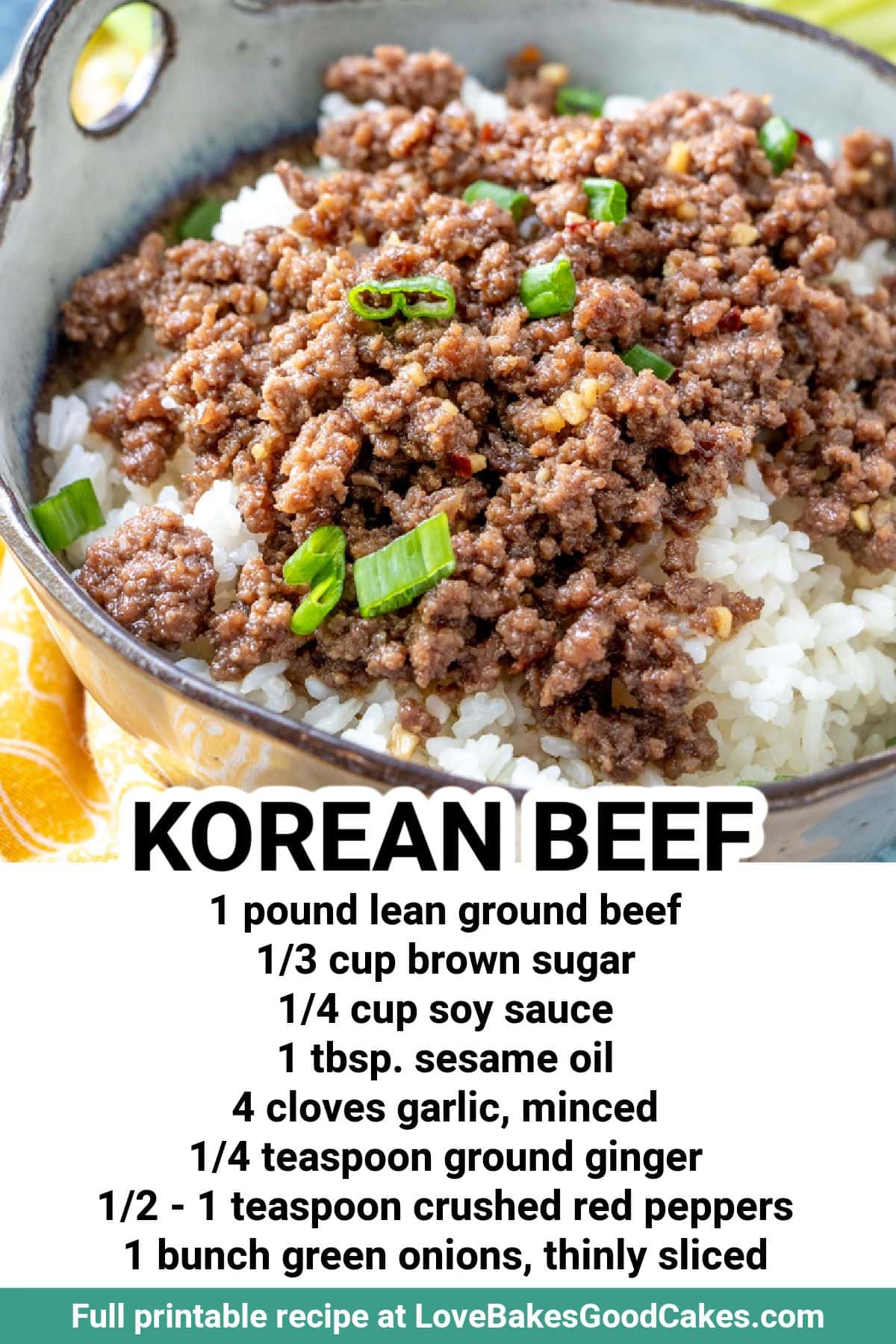 Korean beef dish served over white rice topped with green onions in a blue bowl, perfect for busy families, with recipe ingredients listed above like lean ground beef and soy sauce.