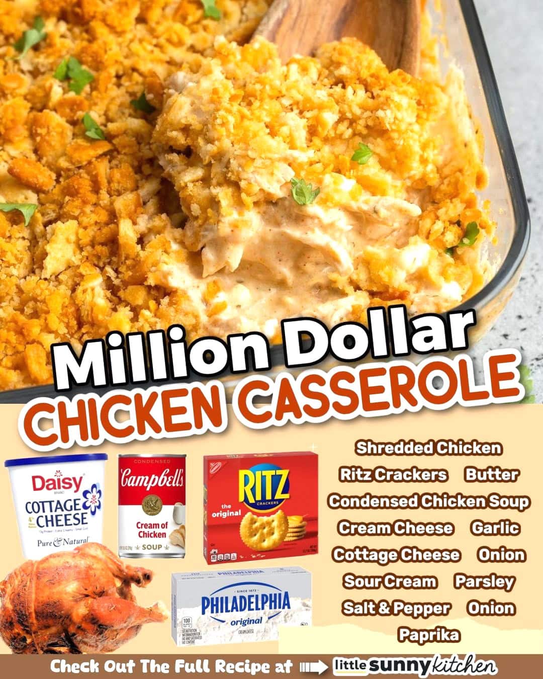 A vibrant graphic promoting an "easy dinner ideas million dollar chicken casserole" recipe, featuring ingredients like shredded chicken, cheese, and crackers, with a spoon stirring the casserole in a baking