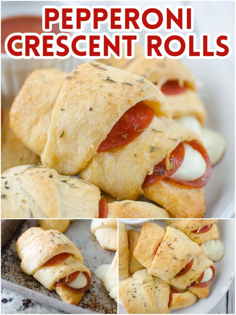 Golden-baked pepperoni crescent rolls filled with mozzarella cheese and slices of pepperoni, displayed attractively in a collage layout emphasizing their appetizing appearance. Perfect for busy families seeking easy dinner ideas