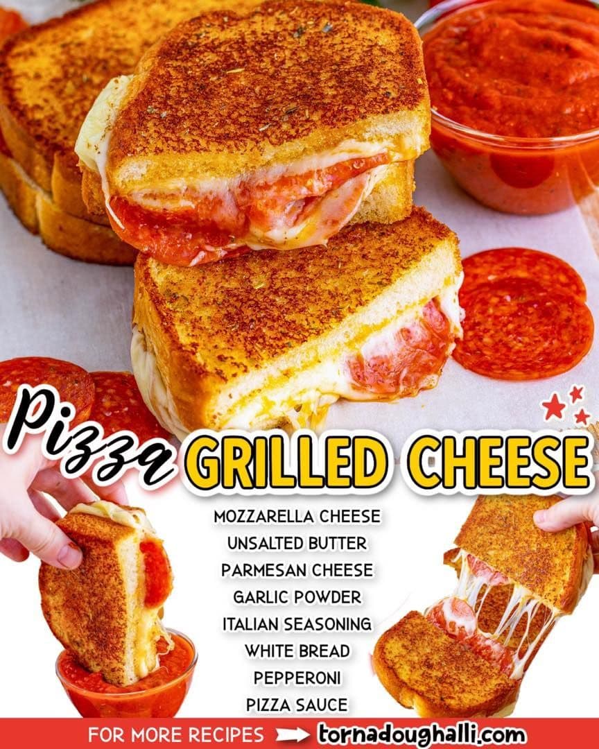 A vibrant image of an easy dinner idea: a pizza grilled cheese sandwich with ingredients like mozzarella, parmesan cheese, garlic bread, pepperoni, and pizza sauce. Two hands are seen pulling the sandwich halves apart