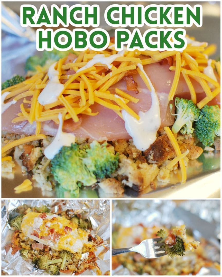 Top image shows a baking dish with a ham and broccoli casserole topped with melted cheddar cheese, perfect for busy families. The bottom image features a fork holding a bite of the dish, plus 
