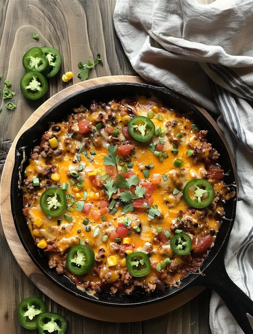 A skillet filled with a colorful taco casserole topped with melted cheese, diced tomatoes, jalapeno slices, corn kernels, and fresh cilantro, served on a wooden table. This dish is