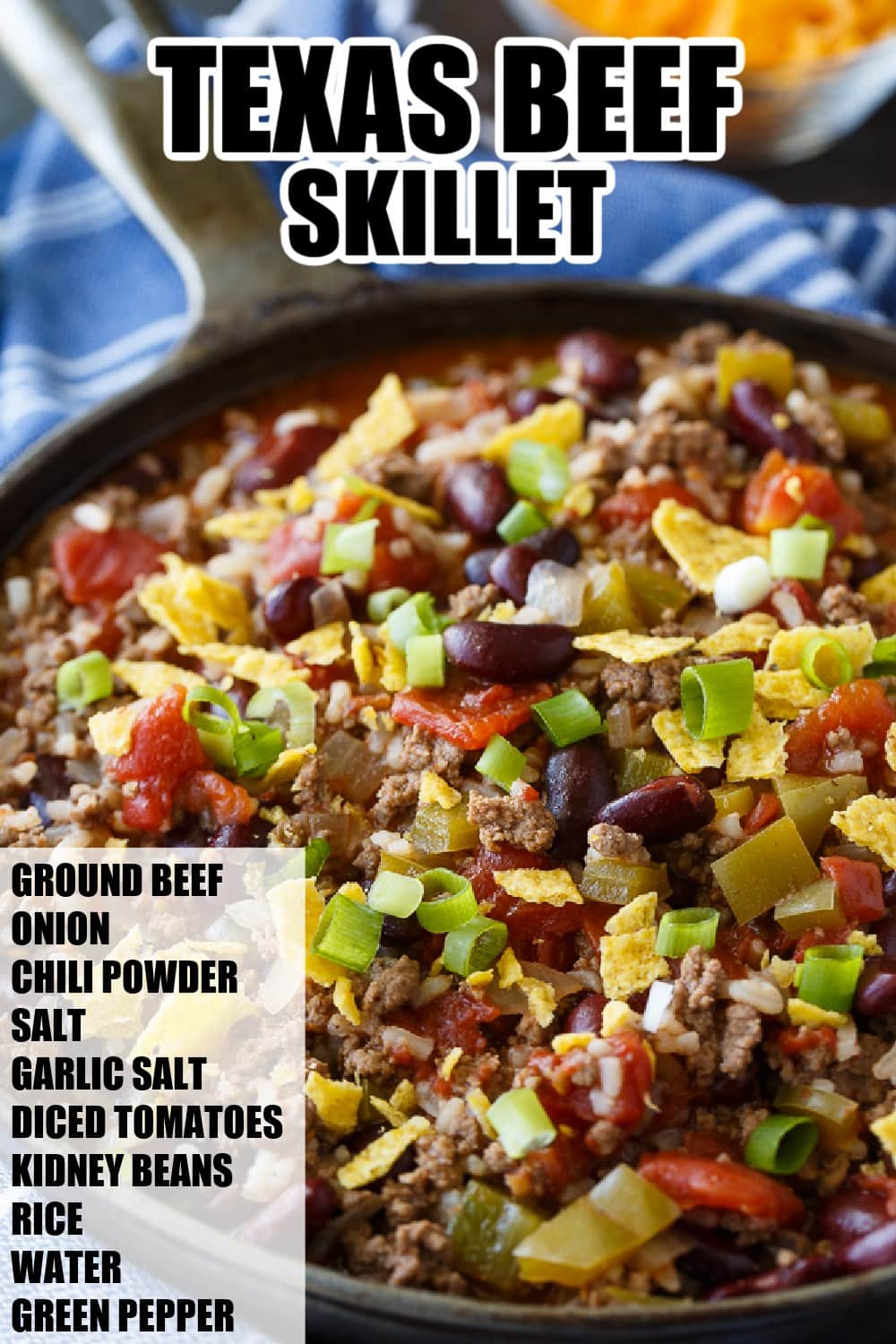An image displaying a texas beef skillet dish in a black pan, ideal for busy families, topped with chopped green peppers and tomatoes. Ingredients are listed on the left side.