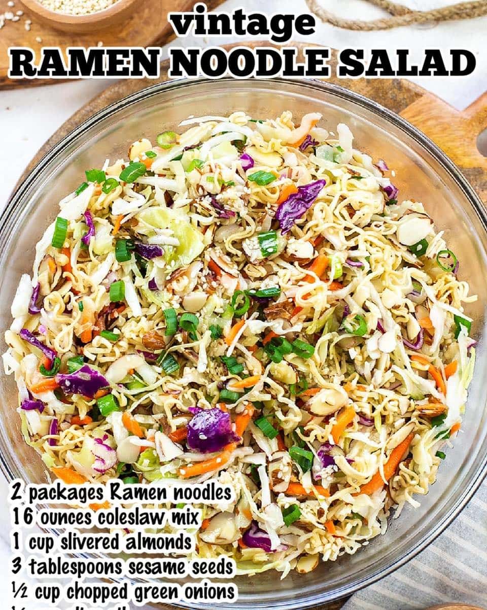 A vibrant bowl of ramen noodle salad with coleslaw mix, almonds, sesame seeds, and green onions is a perfect easy dinner idea for busy families. This dish comes complete with a list