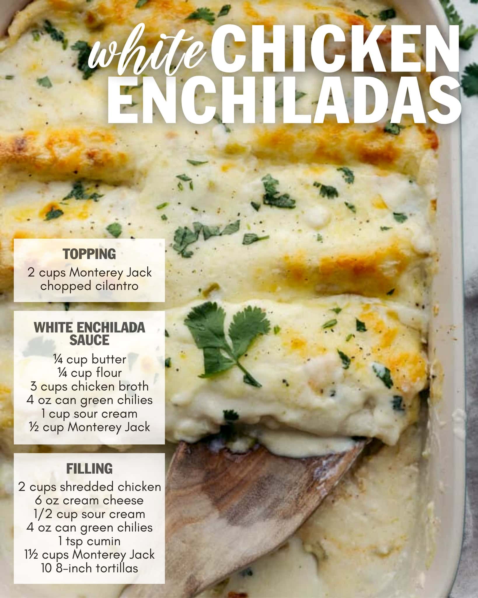A dish of white chicken enchiladas topped with melted Monterey Jack cheese and chopped cilantro, perfect for busy families. The recipe list for toppings, sauce, and filling is on the right