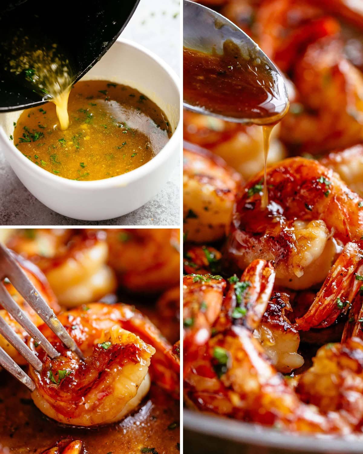 A collage of four images showcasing shrimp being prepared and served, perfect for busy families. Top images: pouring sauce into a bowl and over shrimp. Bottom images: close-up of shrimp on a fork and