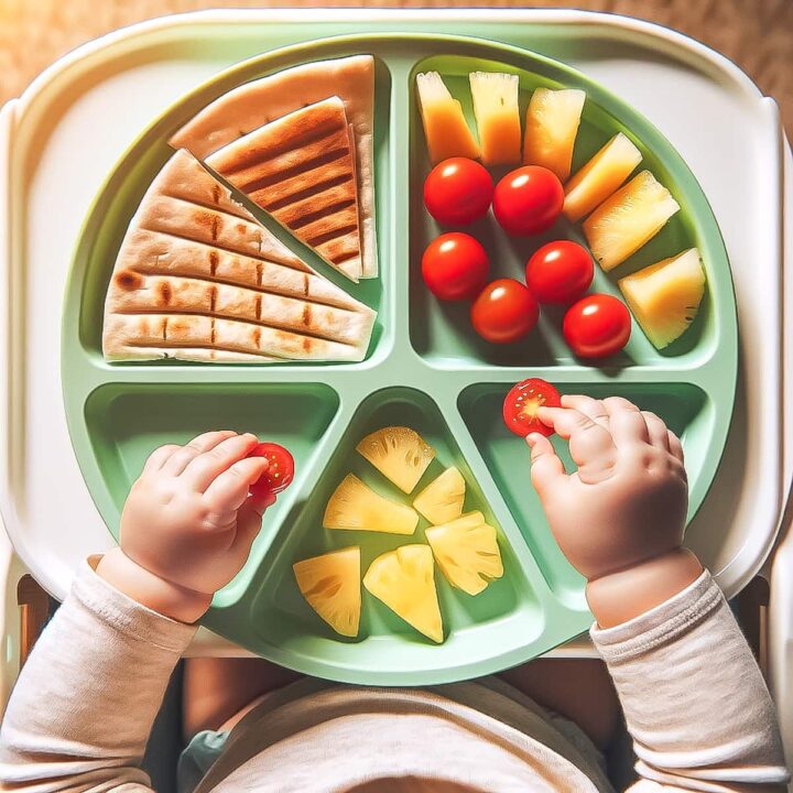 A toddler's hands reaching for cherry tomatoes on a colorful segmented plate filled with healthy toddler breakfast ideas like pineapple, pita bread, and more tomatoes.