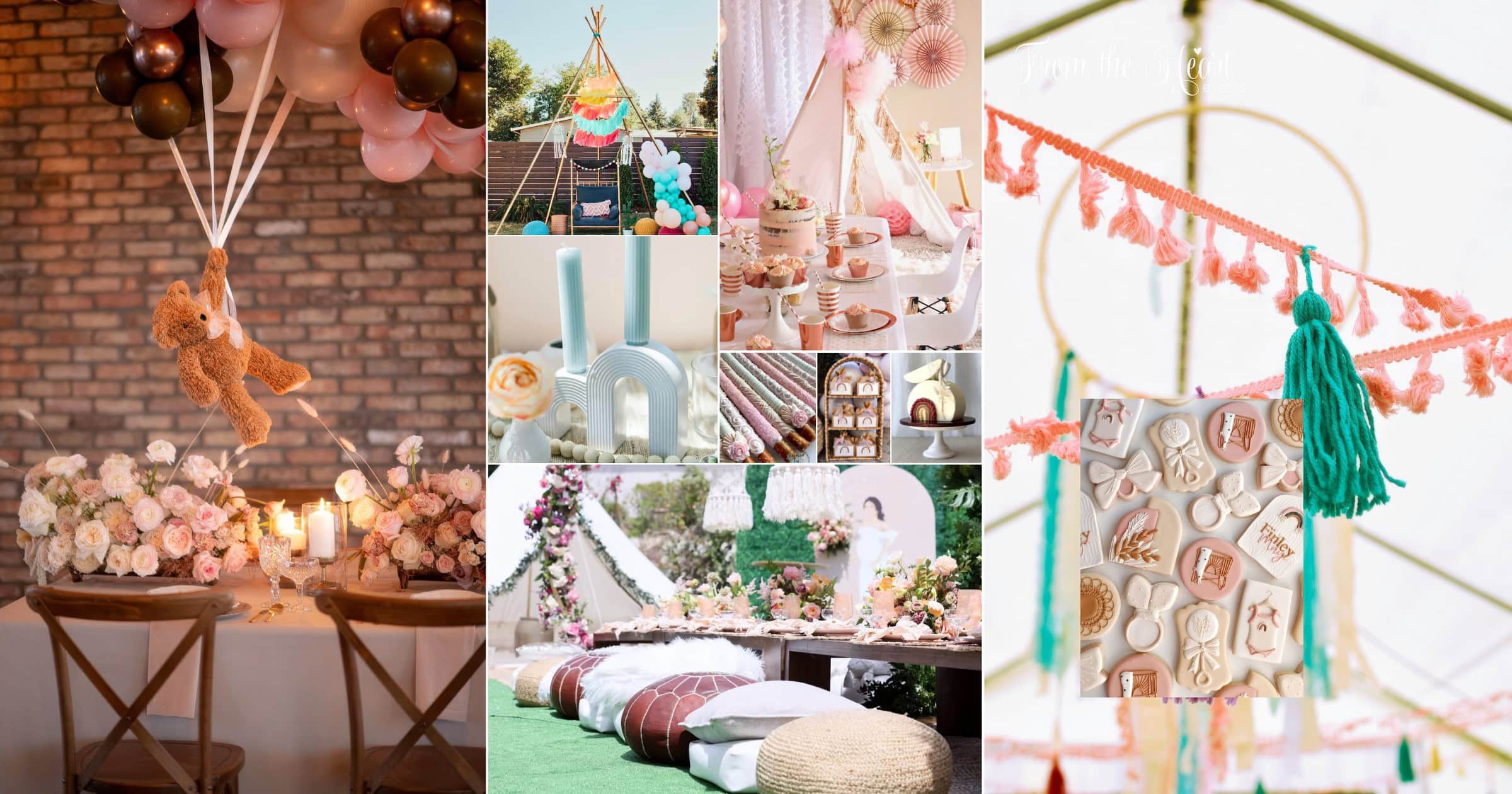 A collage of images depicting a whimsical boho baby shower setup. There's a teepee with colorful streamers, a table with floral arrangements and desserts, cozy seating with pillows, and playful decorations like a hanging teddy bear, tassels, and a baby-themed mobile.