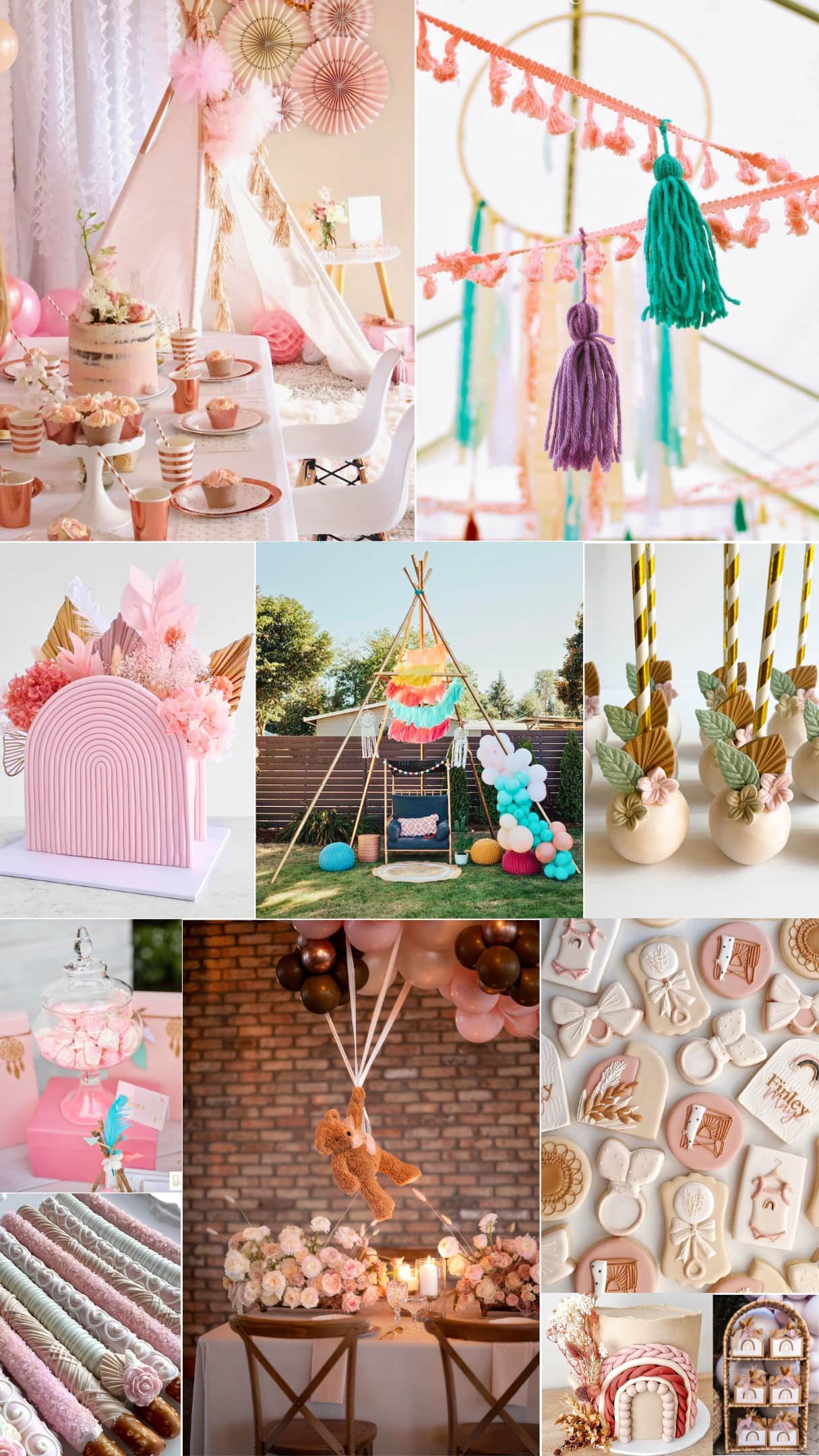 A collage of nine images showcasing various whimsical and pastel-colored boho chic party decorations for a Boho baby shower, including a table setup with a teepee, dreamcatchers, balloons, a decorative arch, cake pops, desserts, a macrame swing, and detailed cookies.