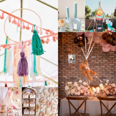 A collage showcasing a whimsical, festive scene perfect for a boho baby shower. Top left shows colorful yarn tassels. Top right has pastel candles and a table centerpiece. Bottom left captures a dessert table with rainbow-themed treats. Bottom right displays a teddy bear among balloons and flowers.