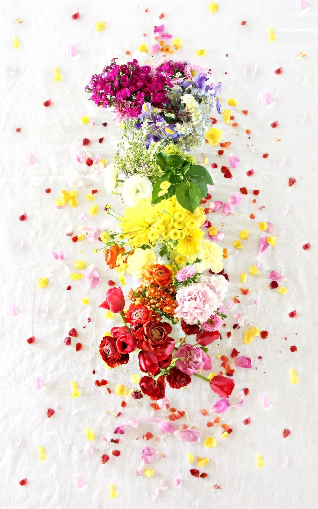 A long arrangement of colorful flowers on a white surface, starting with purple flowers at the top, transitioning through yellow and orange, and ending with vibrant red flowers at the bottom. Scattered flower petals in various colors surround this rainbow baby shower centerpiece.