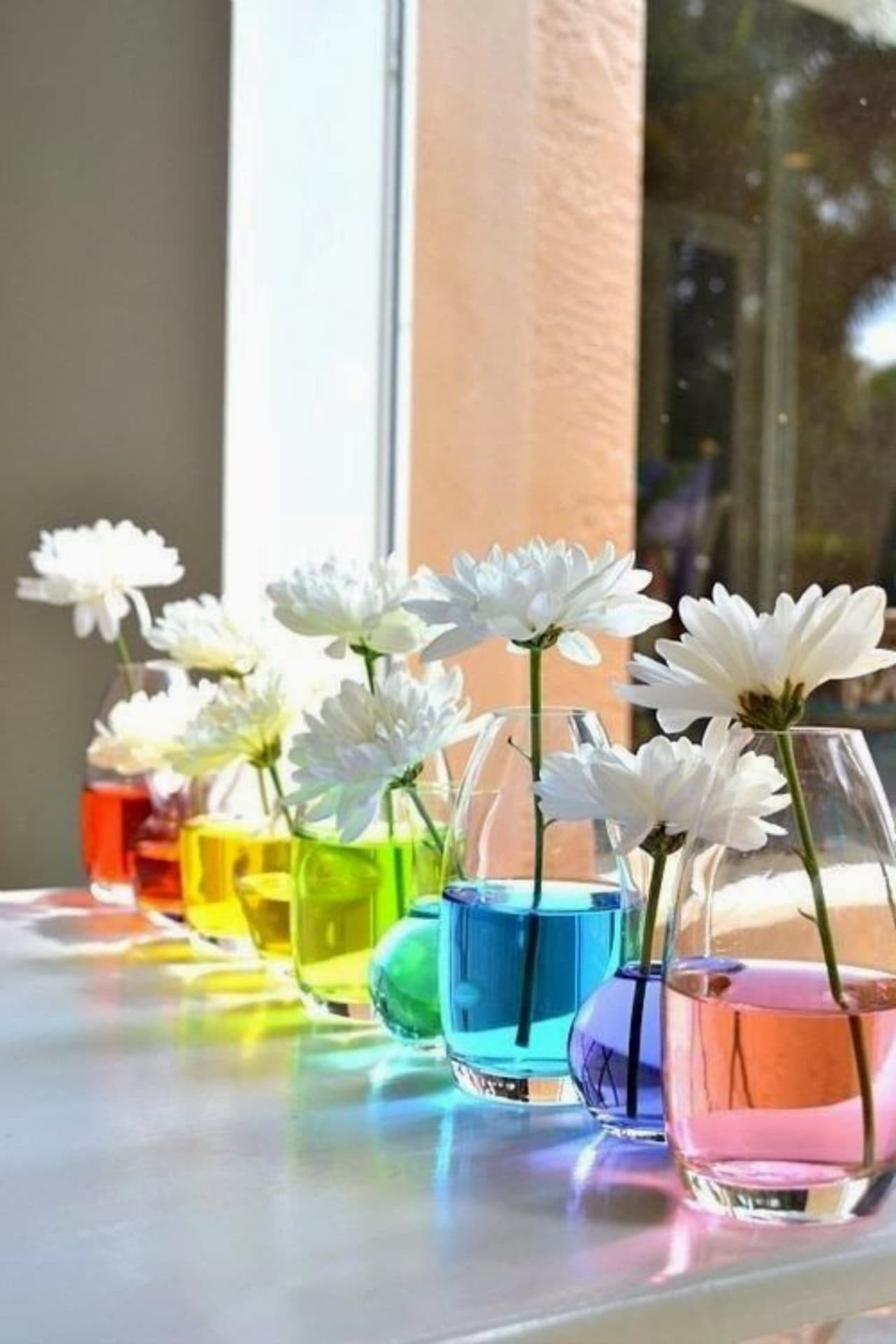 White flowers in small, clear glass vases are lined up on a windowsill. Each vase contains water dyed a different color of the rainbow: red, orange, yellow, green, blue, and pink. The sunlight casts colorful reflections on the white surface—a perfect centerpiece for a rainbow baby shower.
