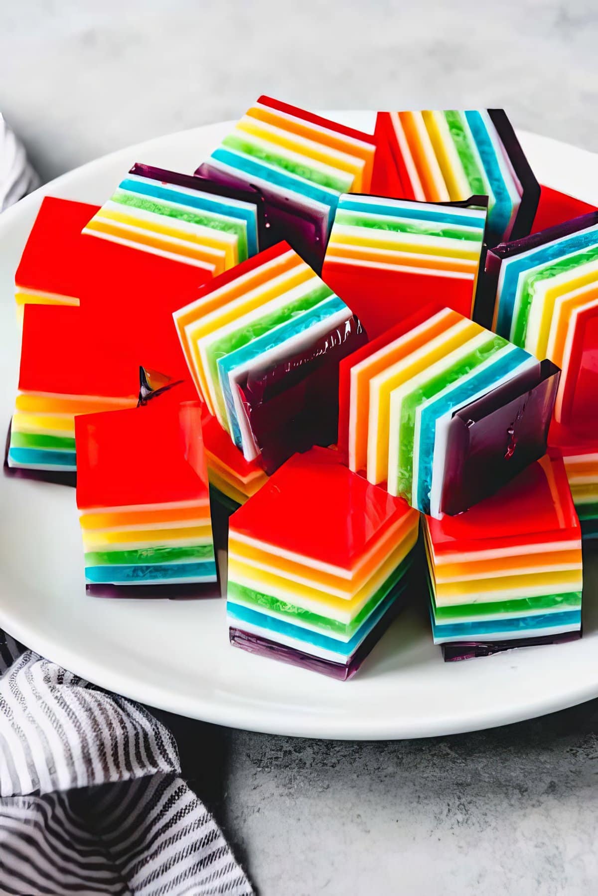 A white plate holding colorful layered jello cubes arranged neatly, perfect for a rainbow baby shower. The cubes feature distinct layers in red, orange, yellow, green, blue, and purple hues. A striped cloth is partially visible in the background on a light, textured surface.