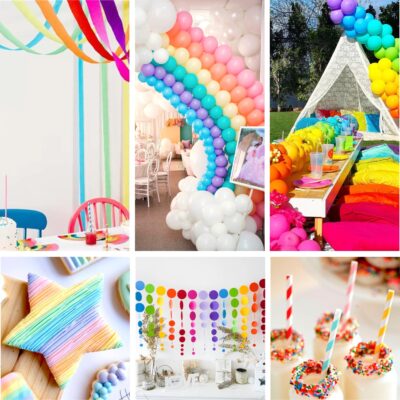 A collage of rainbow-themed baby shower decorations perfect for a rainbow baby shower: streamers hanging over a party table, a rainbow balloon arch inside a room, an outdoor scene with colorful cushions and balloons, rainbow star-shaped cookies, a rainbow dot wall decoration, and sprinkle-coated treats in glasses.