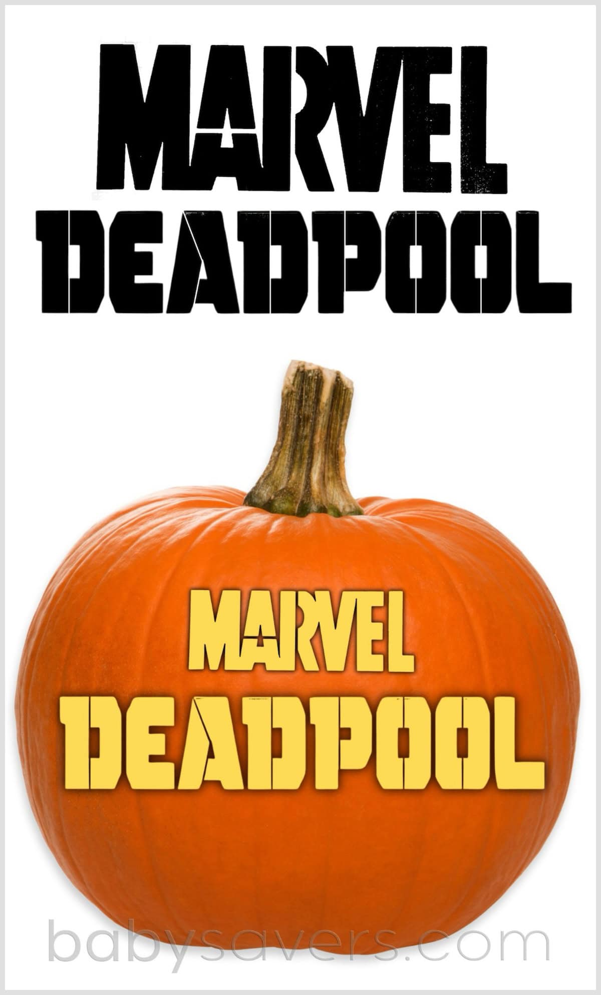 An orange Deadpool pumpkin showcasing the words "Marvel Deadpool" carved into its surface. Above the pumpkin is a black "Marvel Deadpool" stencil, showing the stencil that was used on the pumpkin