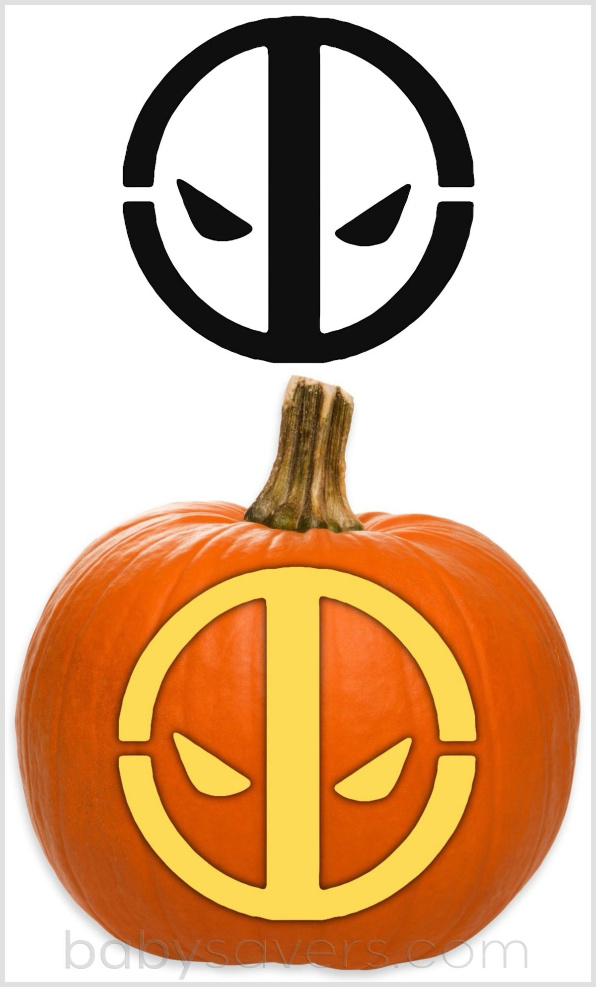 An orange pumpkin with a carved pattern of the deadpool symbol, a stylized face with almond-shaped eyes and a mask, using the logo shown above the pumpkin. The design, reminiscent of Deadpool and outlined in yellow, will be fantastic for Marvel Halloween printables. The logo appears in black and white at the top of the image.