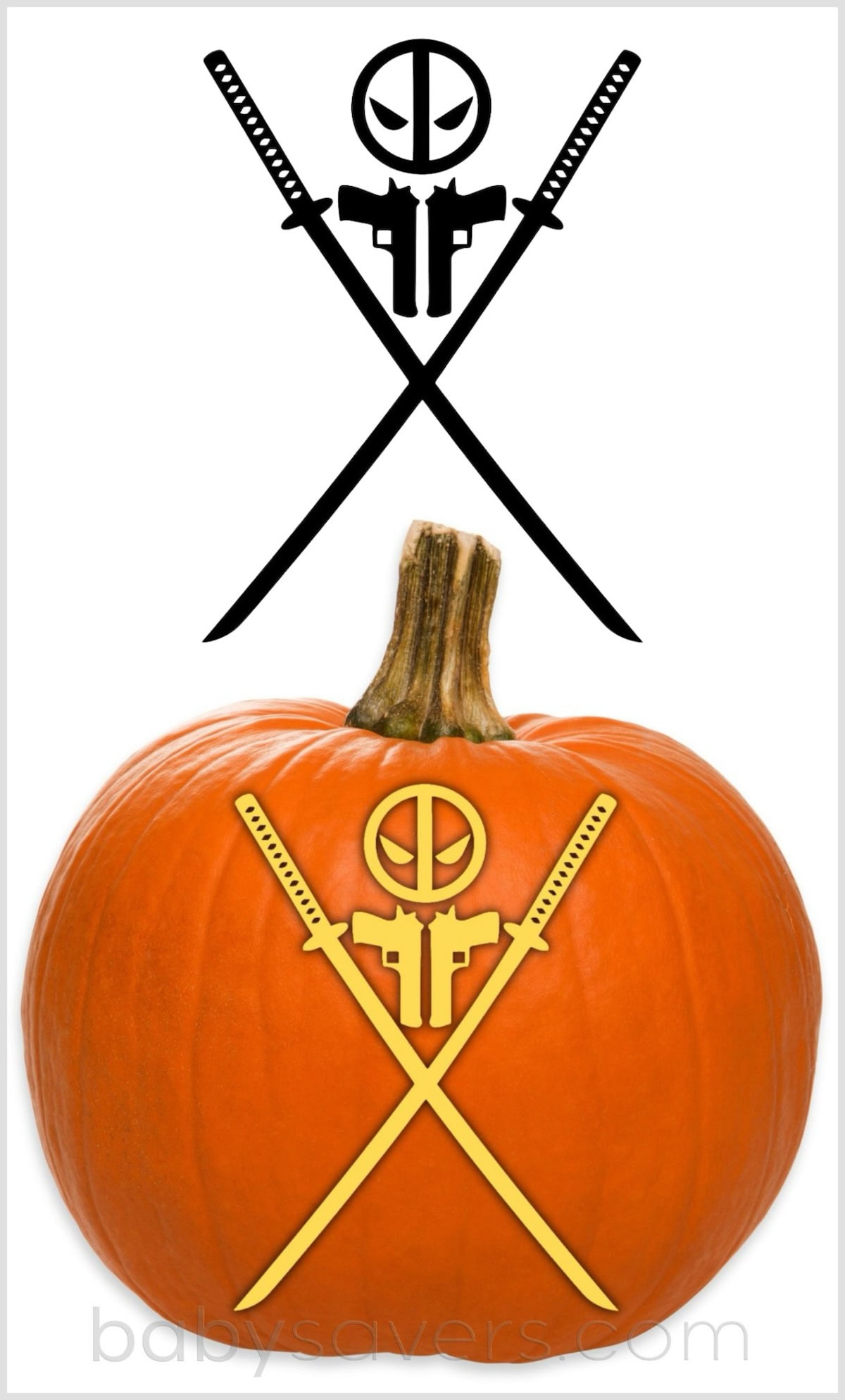 A stencil featuring a stylized deadpool face with crossed swords above a rectangular shape is shown at the top. Below, the same design is carved into an orange pumpkin, perfect for those looking for creative Deadpool pumpkin stencils this Halloween. 