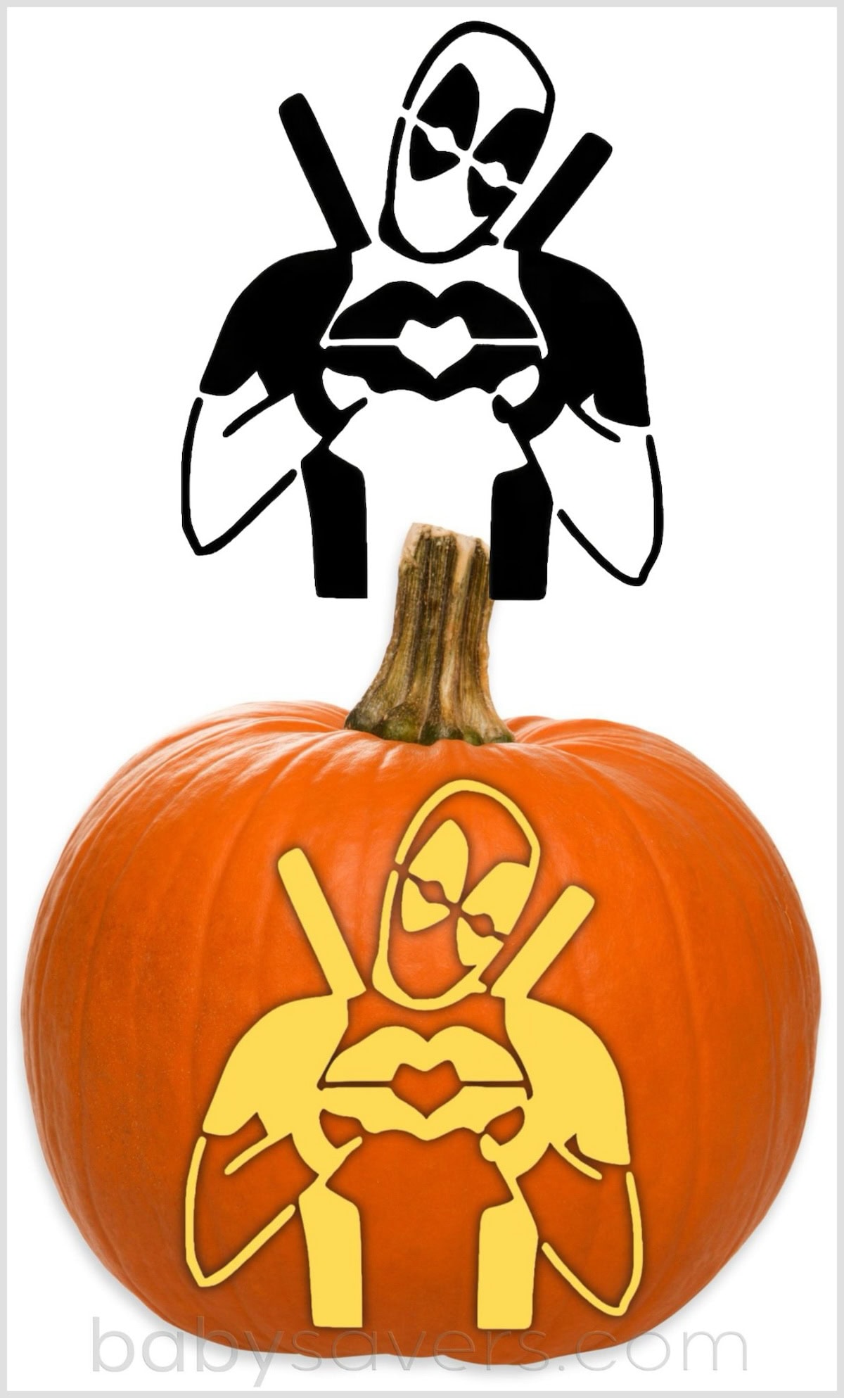 An image of a pumpkin featuring a carved design of the masked superhero Deadpool, holding up a heart shape with his hands. Deadpool is equipped with two swords on his back. Above the carved Deadpool pumpkin is the corresponding Deadpool pumpkin stencil pattern Perfect for a Marvel Halloween pumpkin carving display!
