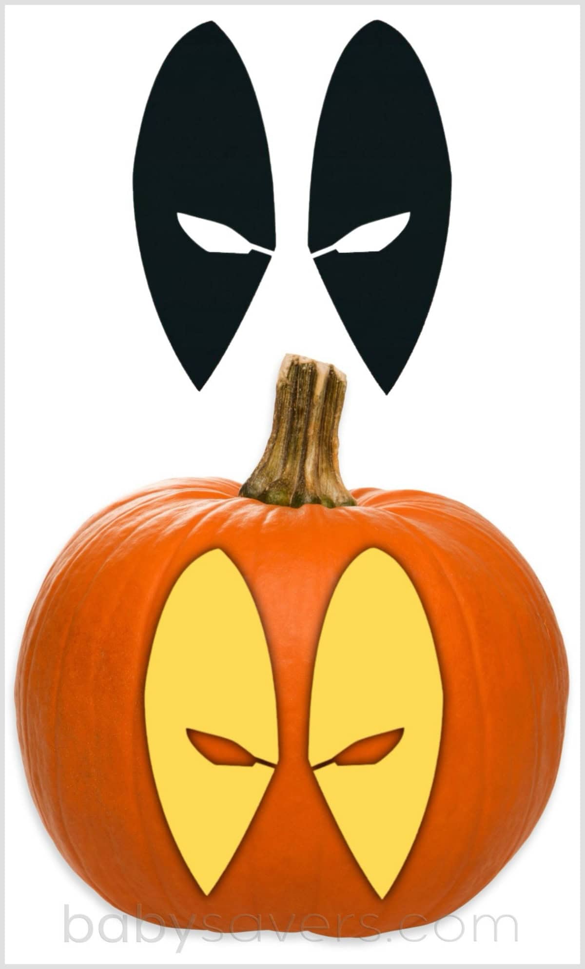A pumpkin with two villainous Deadpool eyes carved into it. Above the pumpkin is a black stencil templates with the same shape shape as the carved eyes. The stem of the Deadpool pumpkin is intact.