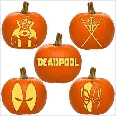 Five pumpkins are carved with various Deadpool-themed designs using intricate Deadpool pumpkin stencils. The center pumpkin features the word "DEADPOOL" in bold, block letters, while the other pumpkins display different images and symbols associated with the character.