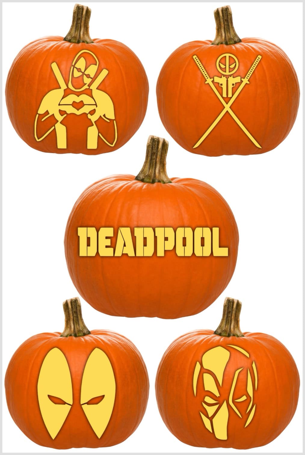 Five pumpkins are arranged, each featuring unique Deadpool pumpkin stencils. The top left pumpkin shows Deadpool with crossed swords, the top right displays the iconic crossed swords alone, the middle boasts the word "Deadpool," the bottom left highlights Deadpool's eyes, and the bottom right presents his face.