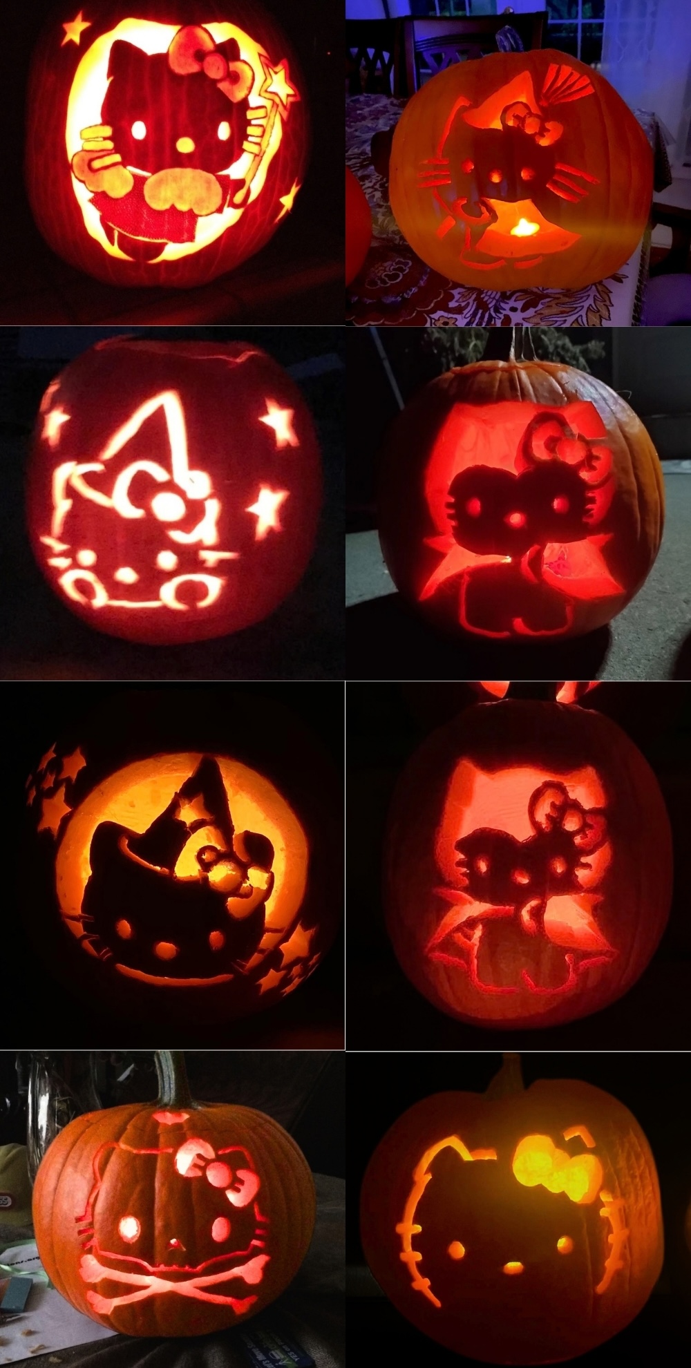 Eight glowing pumpkins carved with Hello Kitty designs using free pumpkin carving patterns.