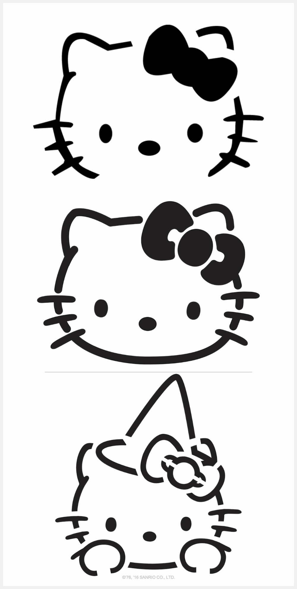 Three black-and-white stencil outlines for free pumpkin carving patterns of Hello Kitty faces: the top with a bow, the middle with a bow, and the bottom with a witch’s hat and bow.