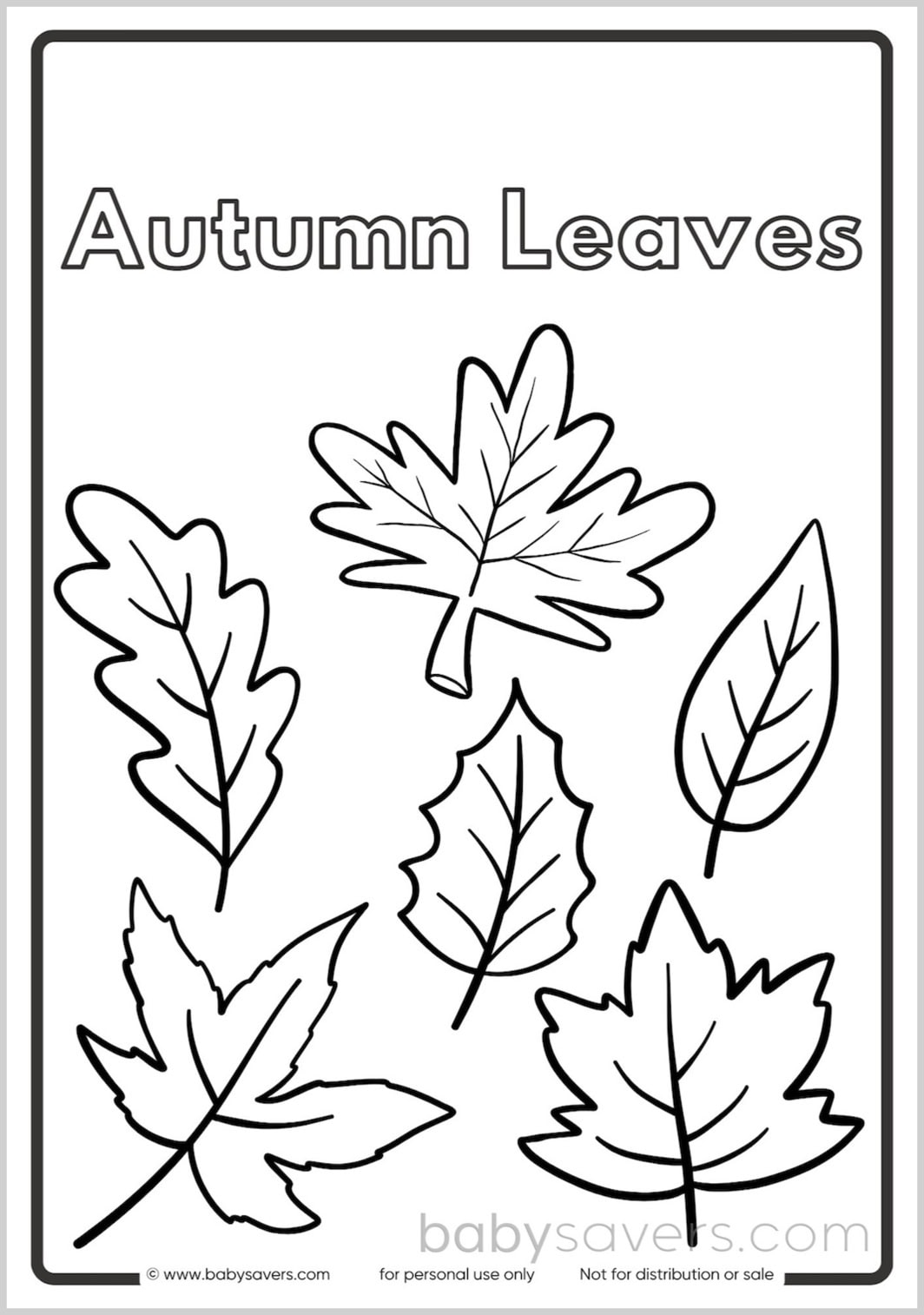 A simple black and white coloring page titled "Autumn Leaves" at the top. This free printable features six different types of leaves in an outlined, sketch-style design. Perfect for kids, the leaves vary in shapes representing different tree species, making it a fun fall coloring page.