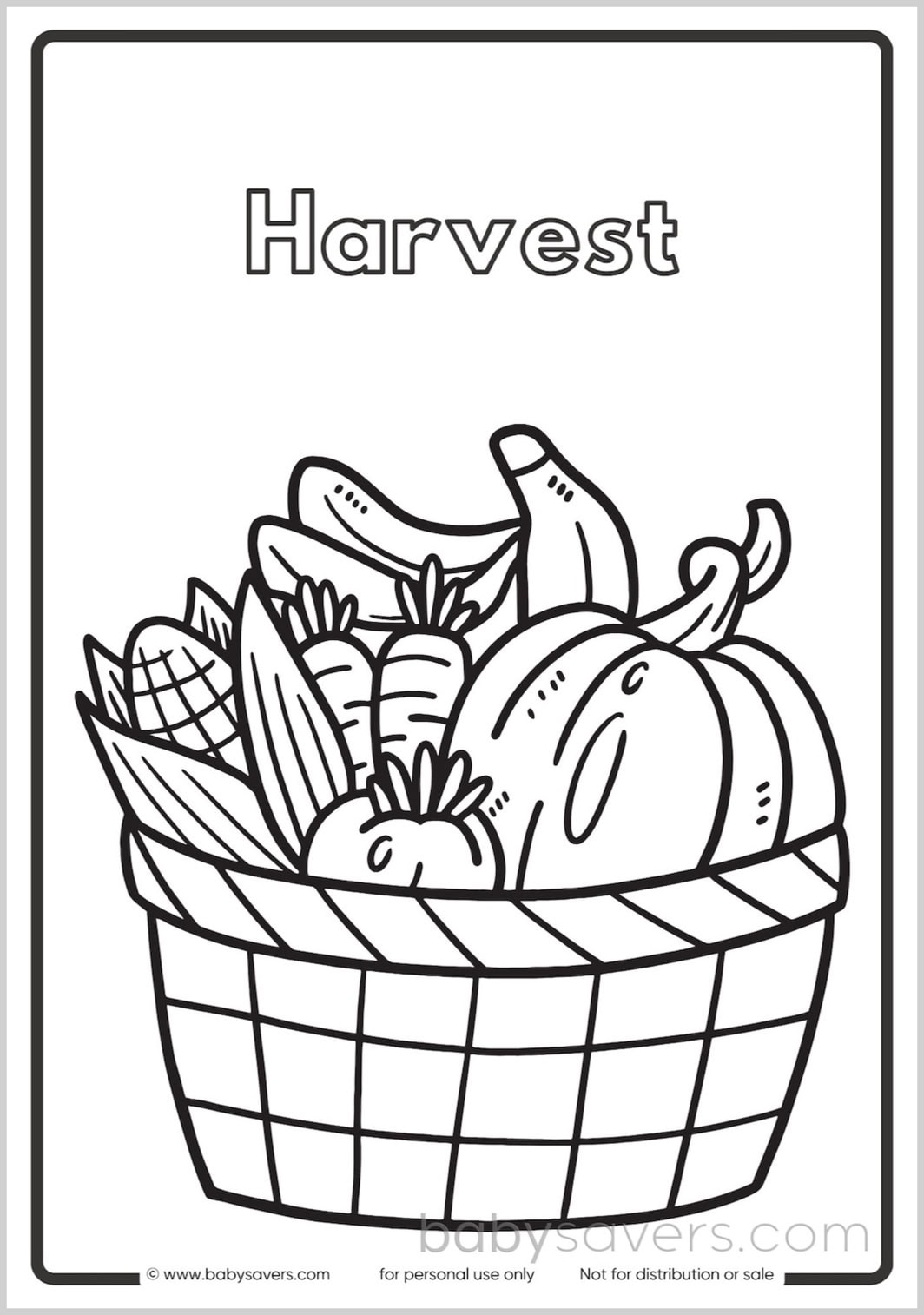 A black and white line drawing of a wicker basket filled with various harvested vegetables and fruits, including carrots, corn, a pumpkin, bananas, and other produce. Perfect for kids' fall coloring pages, the word "Harvest" is printed above the basket.
