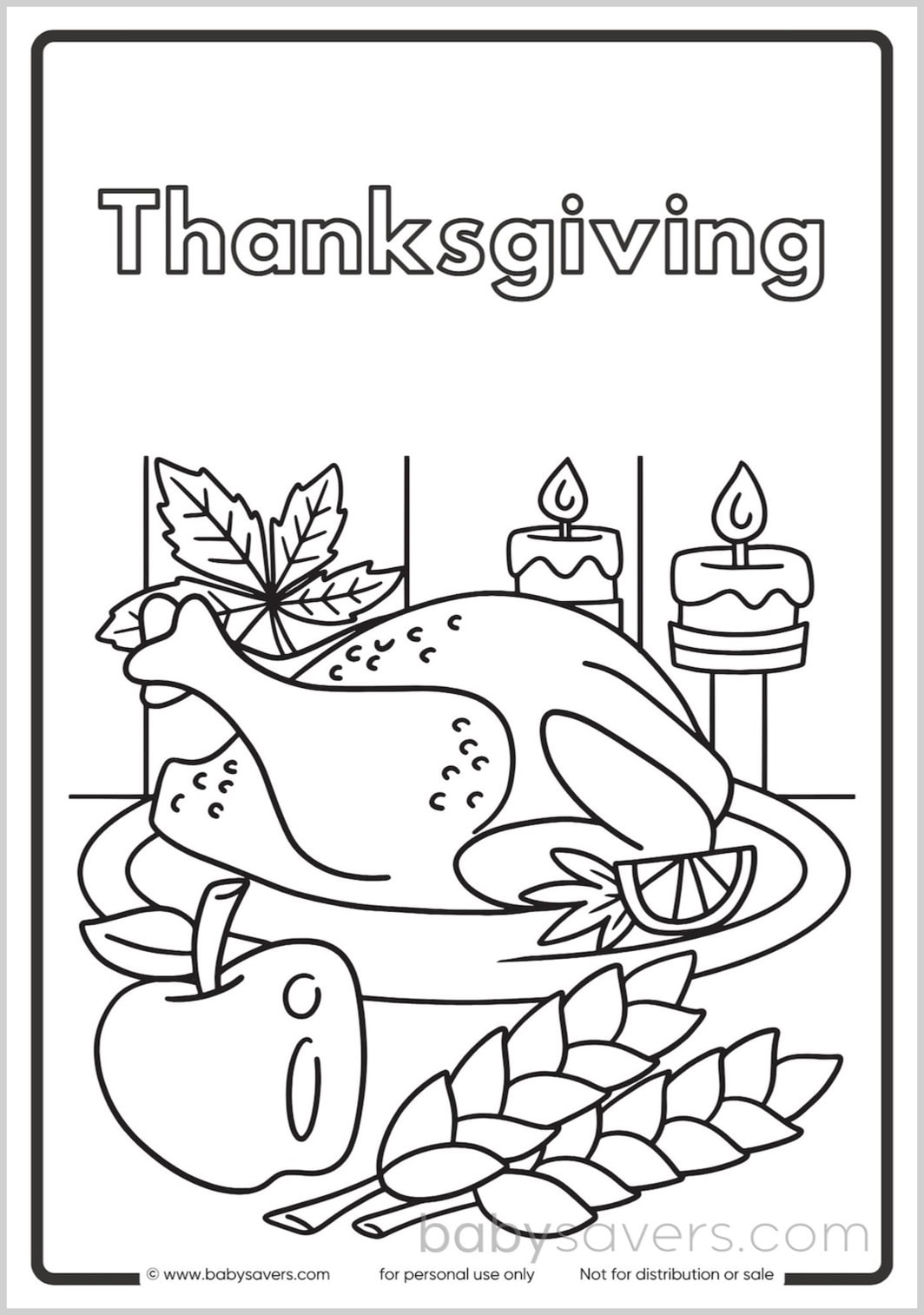 A fun, Thanksgiving-themed black-and-white coloring page for kids features a roasted turkey on a platter, candles, an apple, wheat stalks, and leaves. The word "Thanksgiving" is prominently displayed at the top. Perfect for fall coloring pages and free printables!