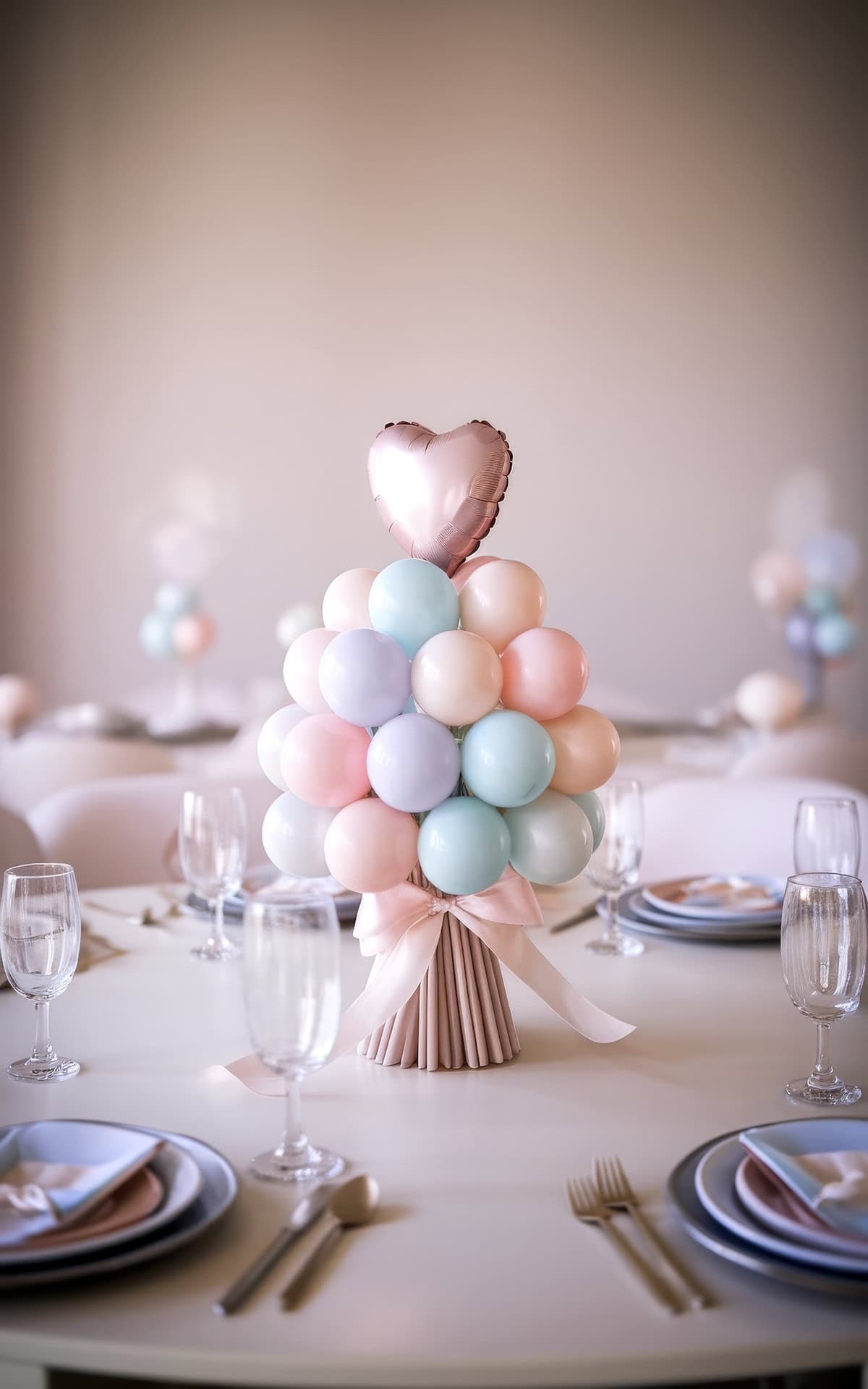 A pastel-colored balloon centerpiece, featuring a heart-shaped balloon, adorns the table set for a baby shower celebration. The table is elegantly arranged with plates, glasses, and cutlery, reflecting a light, festive atmosphere perfect for such an occasion.