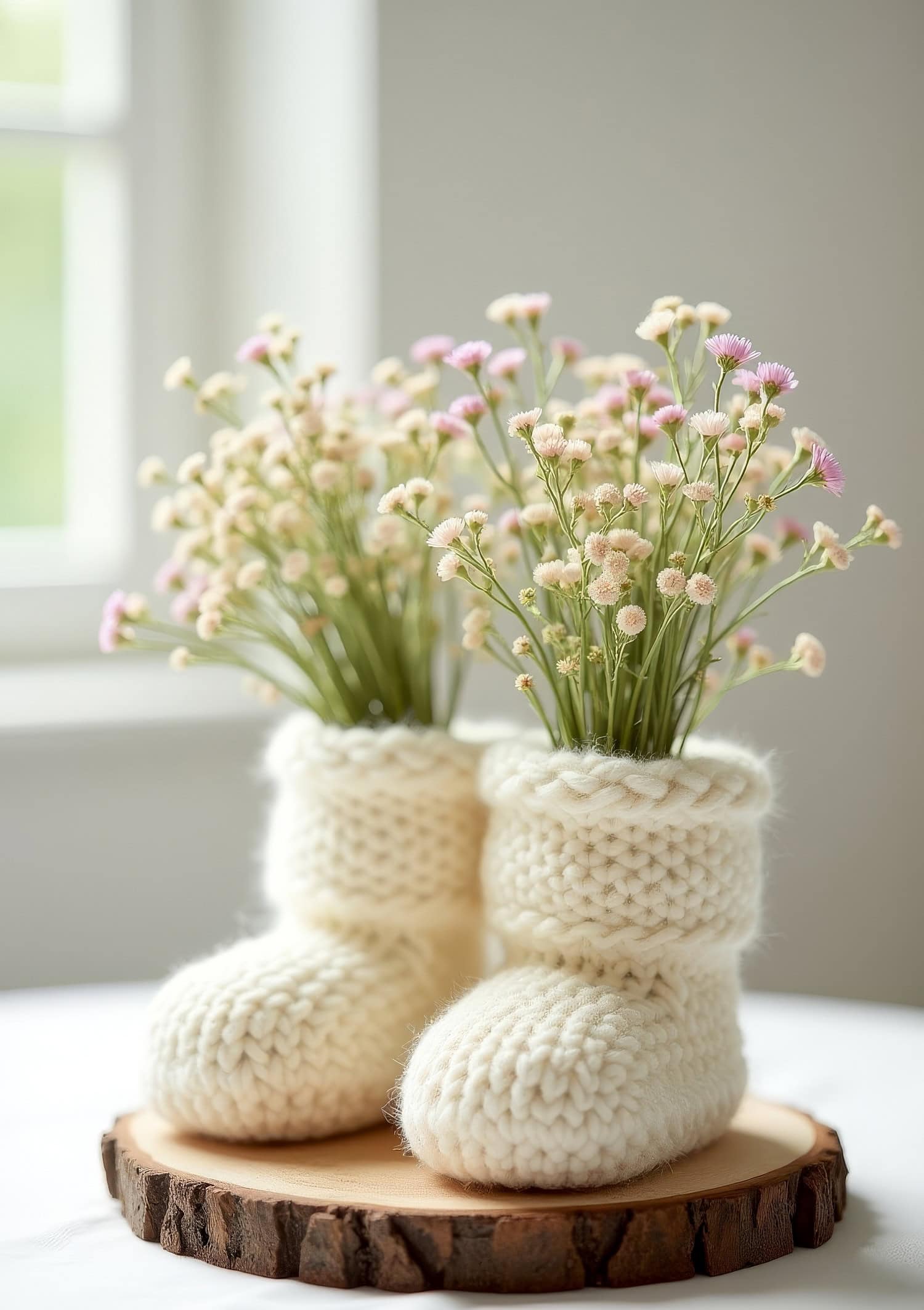 A pair of hand-knitted, white baby booties filled with small pink and white flowers serve as charming baby shower centerpieces, placed on a round wooden slice. The softly lit background, featuring light streaming through a window, creates a warm and cozy atmosphere.