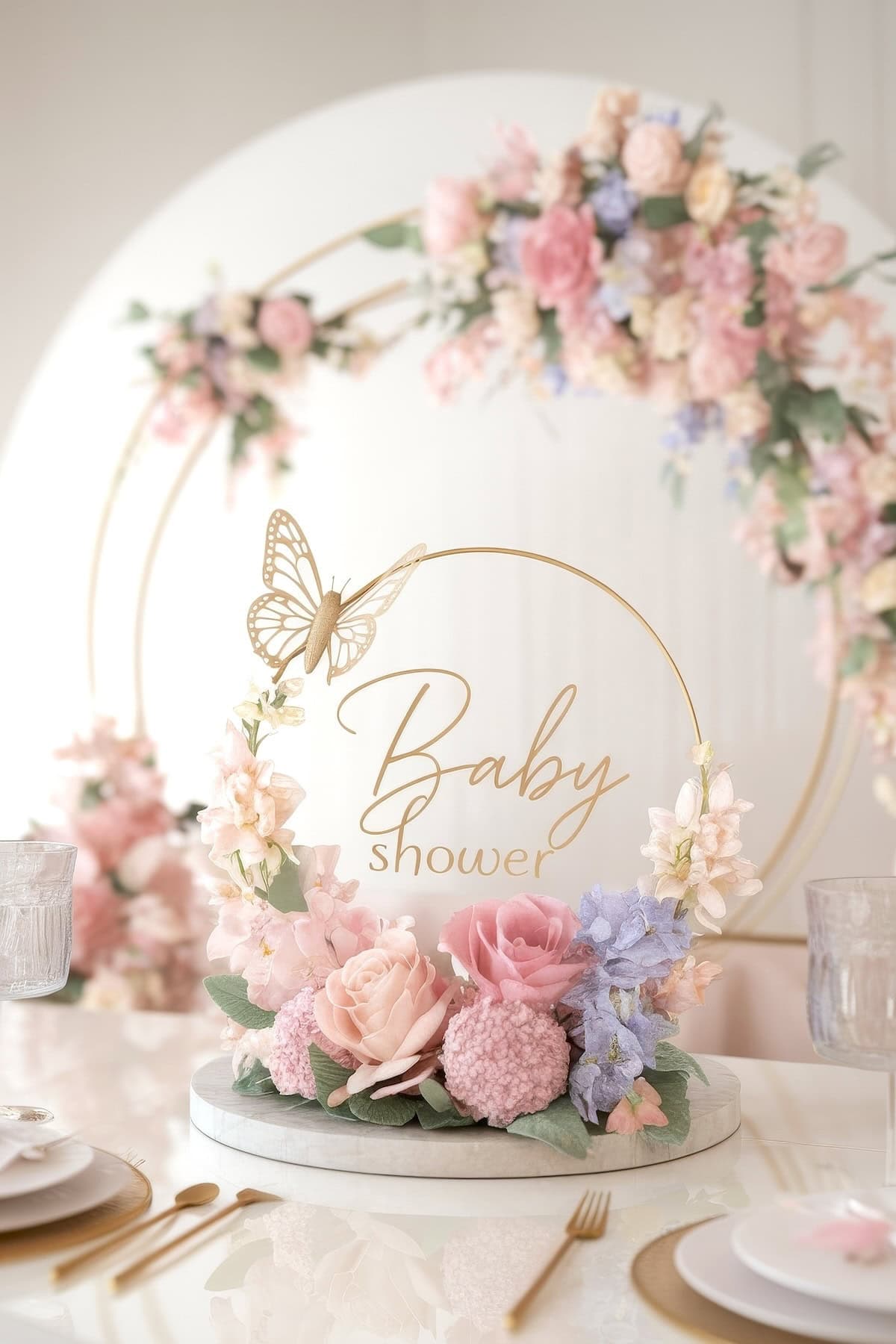 A beautifully decorated baby shower table boasts an exquisite floral centerpiece, epitomizing perfect baby shower centerpieces with pink and purple blooms, a butterfly, and a gold circle inscribed with "Baby shower." A floral arch graces the background, enhancing the elegant setting.