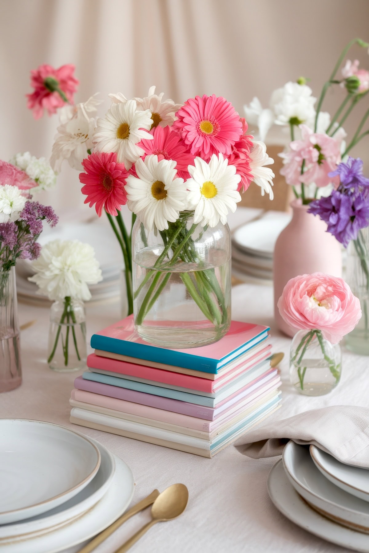 A bouquet of pink and white gerbera daisies in a glass vase graces a stack of colorful books, creating elegant baby shower centerpieces. Surrounding it, additional floral arrangements in pink and purple hues adorn a dining table set with white plates and gold cutlery.