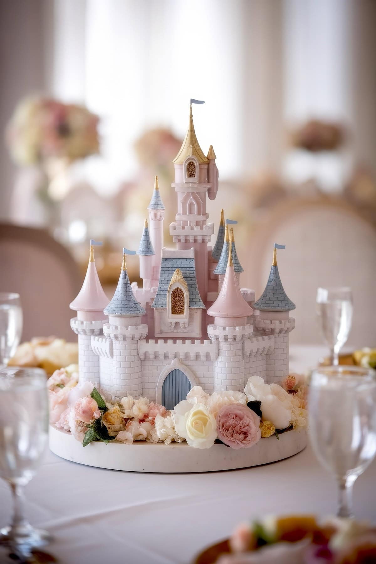 A detailed castle centerpiece with pink and blue turrets, perfect for baby shower centerpieces, is surrounded by fresh flowers on a table set for a formal event. Crystal glasses and elegantly arranged tables are visible in the softly lit background.