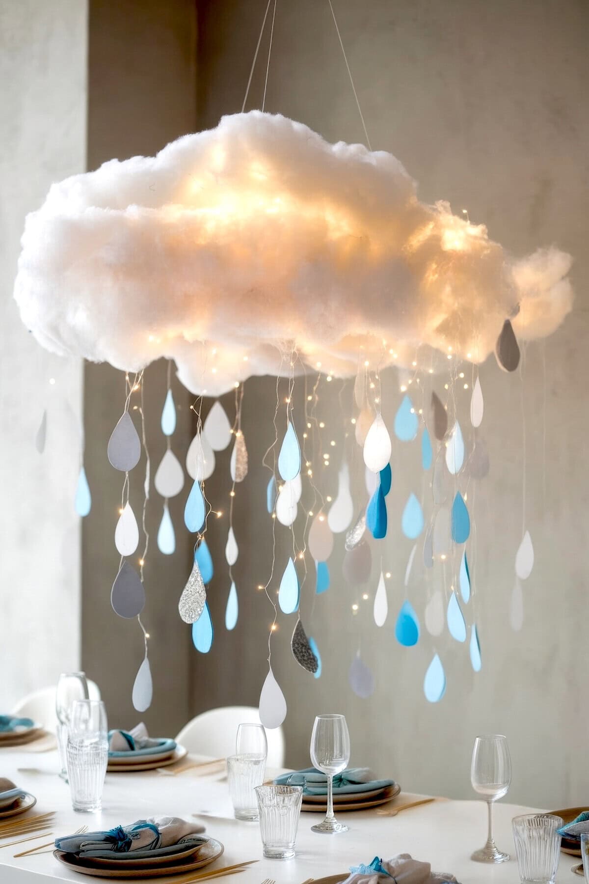 A decorative light fixture resembling a fluffy cloud hangs over the dining table, making it a whimsical baby shower centerpiece. It features glowing lights and strands of raindrop-shaped cutouts in white, gray, and blue. The table is set with plates, glasses, and neatly folded napkins.