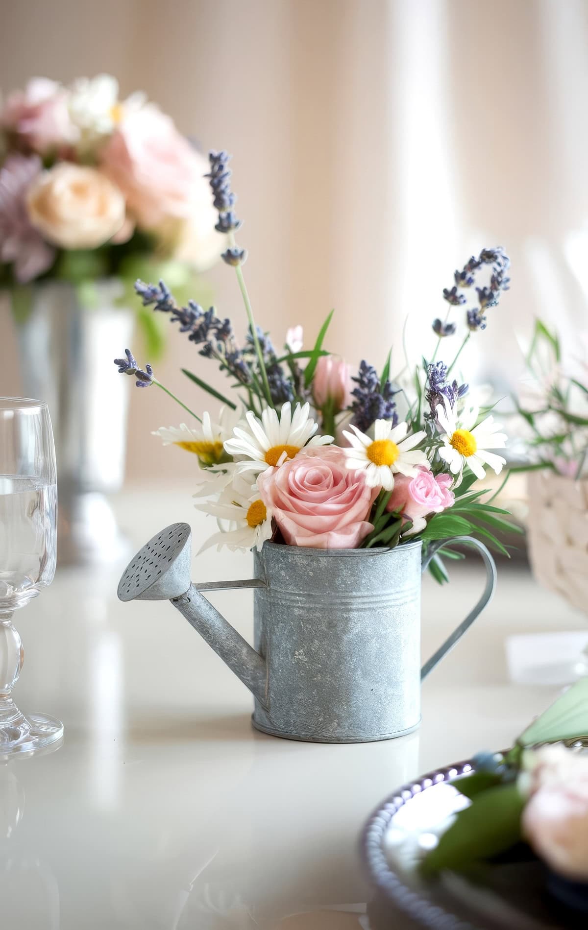 A small galvanized watering can filled with pink roses, daisies, and sprigs of lavender serves as a charming baby shower centerpiece on the table. A blurred background features another similar arrangement and a glass, creating a soft, elegant atmosphere perfect for celebrating new beginnings.