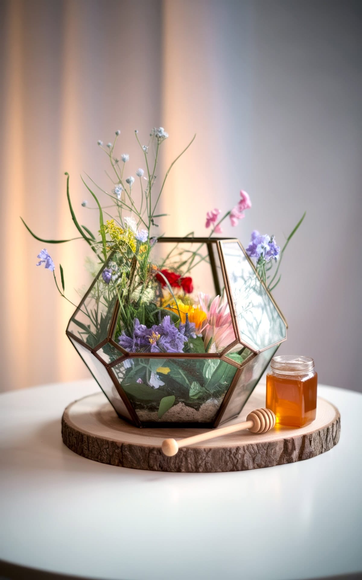A geometric glass terrarium filled with colorful flowers elegantly serves as a baby shower centerpiece, resting on a wooden slab. Nearby, a small jar of honey with a honey dipper adds charm to the setting, all beautifully arranged on a white table with a softly lit background.