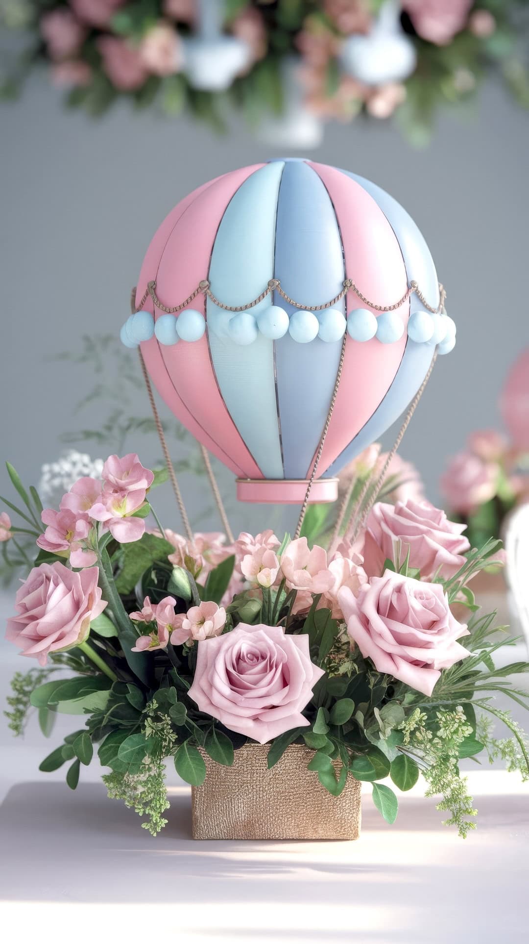 A pastel pink and blue hot air balloon takes center stage in this charming baby shower centerpiece, surrounded by pink roses and lush green leaves arranged in a decorative base. Perfect for those seeking unique centerpiece ideas.