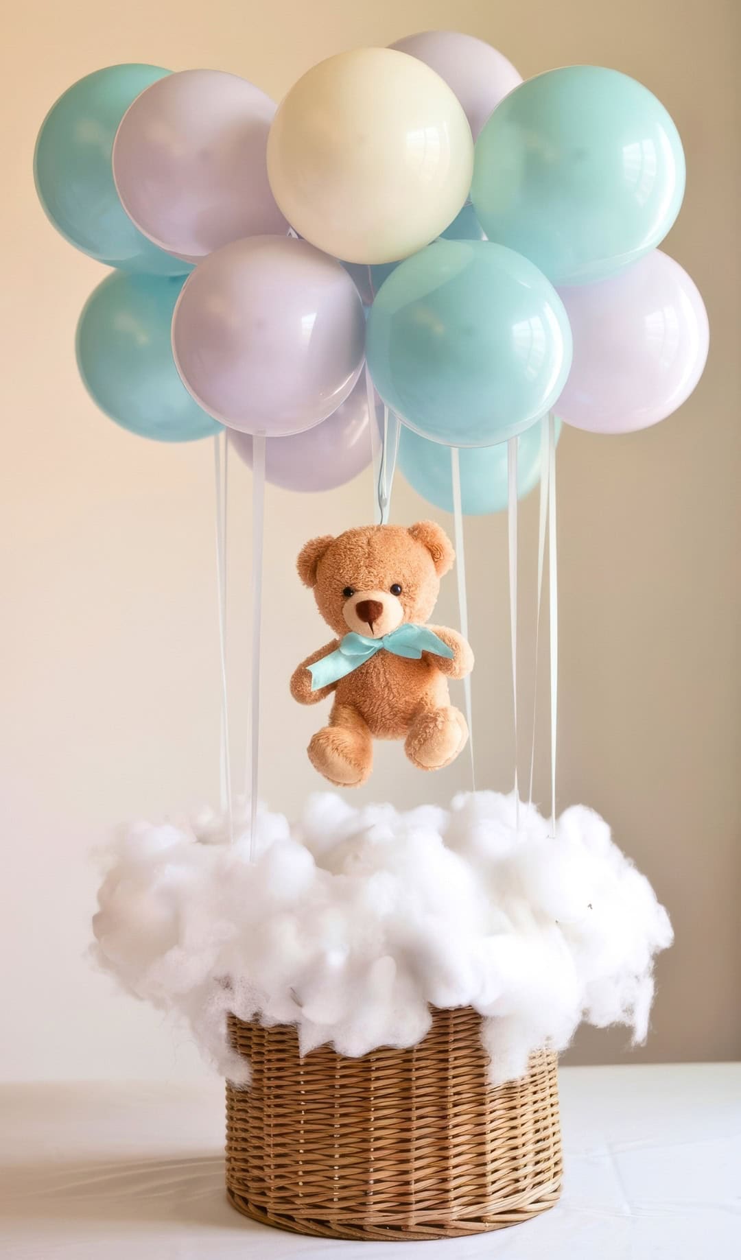 A wicker basket adorned with fluffy white material on top holds a charming cluster of pastel balloons, making it ideal for a teddy bear baby shower centerpiece. A teddy bear is suspended below the balloons, creating a delightful illusion of floating in the air.