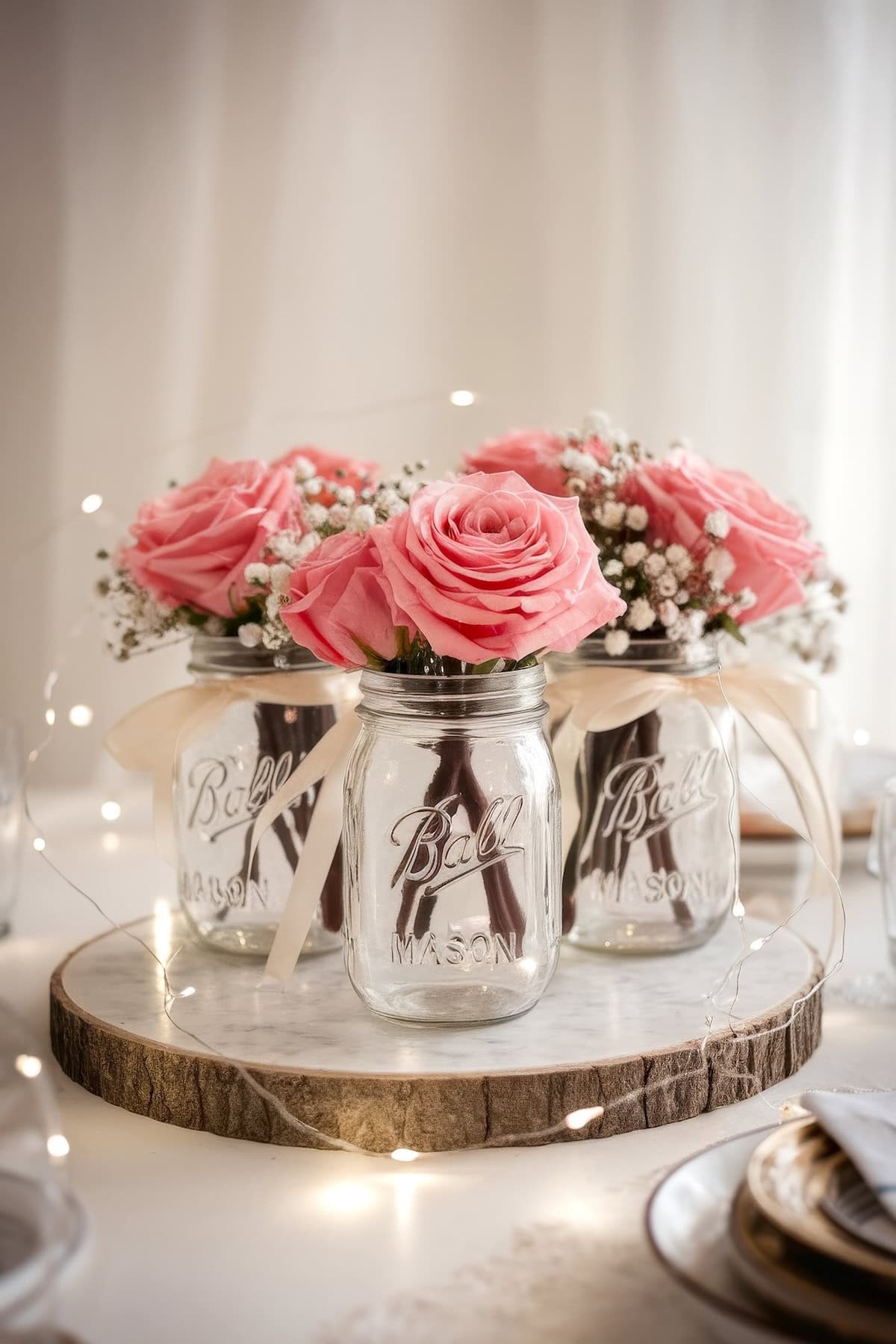 Three mason jars with pink roses and baby's breath are arranged on a wooden slice, perfect for a mason jar baby shower centerpiece. The setup is adorned with small string lights, creating a soft, romantic atmosphere.